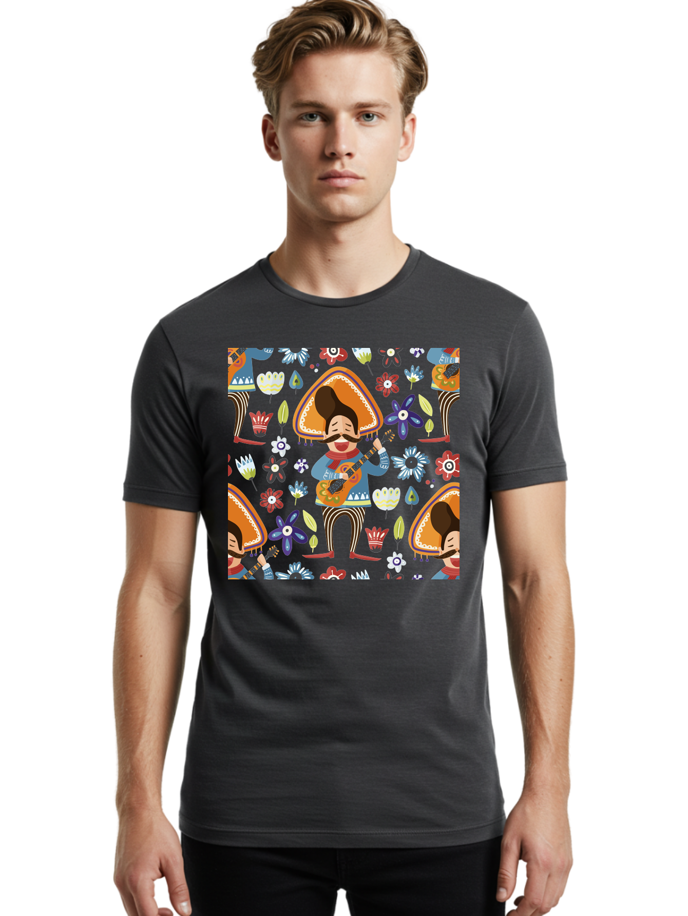 Mexican-Guitarist Men'S Graphic Tee, 100% Cotton, Comfortable Casual Summer Wear, Machine Washable, Mariachi Man Playing Guitar, Sombrero Hat, Mustache, Vibrant Flowers, Festive Atmosphere, Lively Music, Cultural Heritage, - Aaa279