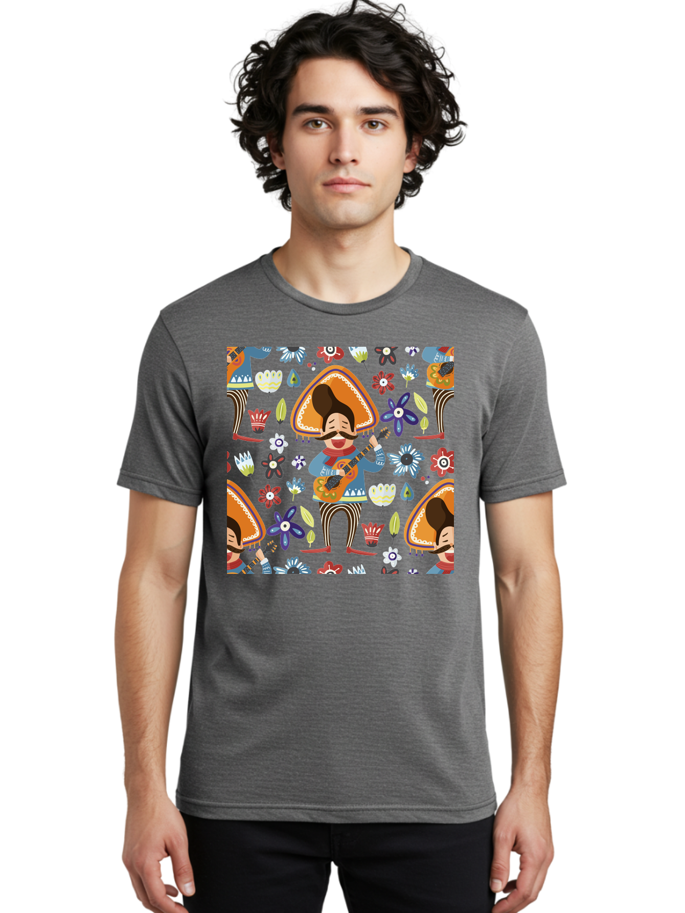 Mexican-Guitarist Men'S Graphic Tee, 100% Cotton, Comfortable Casual Summer Wear, Machine Washable, Mariachi Man Playing Guitar, Sombrero Hat, Mustache, Vibrant Flowers, Festive Atmosphere, Lively Music, Cultural Heritage, - Aaa279