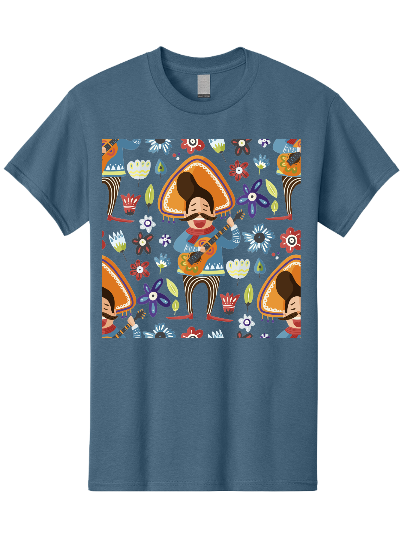 Mexican-Guitarist Men'S Graphic Tee, 100% Cotton, Comfortable Casual Summer Wear, Machine Washable, Mariachi Man Playing Guitar, Sombrero Hat, Mustache, Vibrant Flowers, Festive Atmosphere, Lively Music, Cultural Heritage, - Aaa279