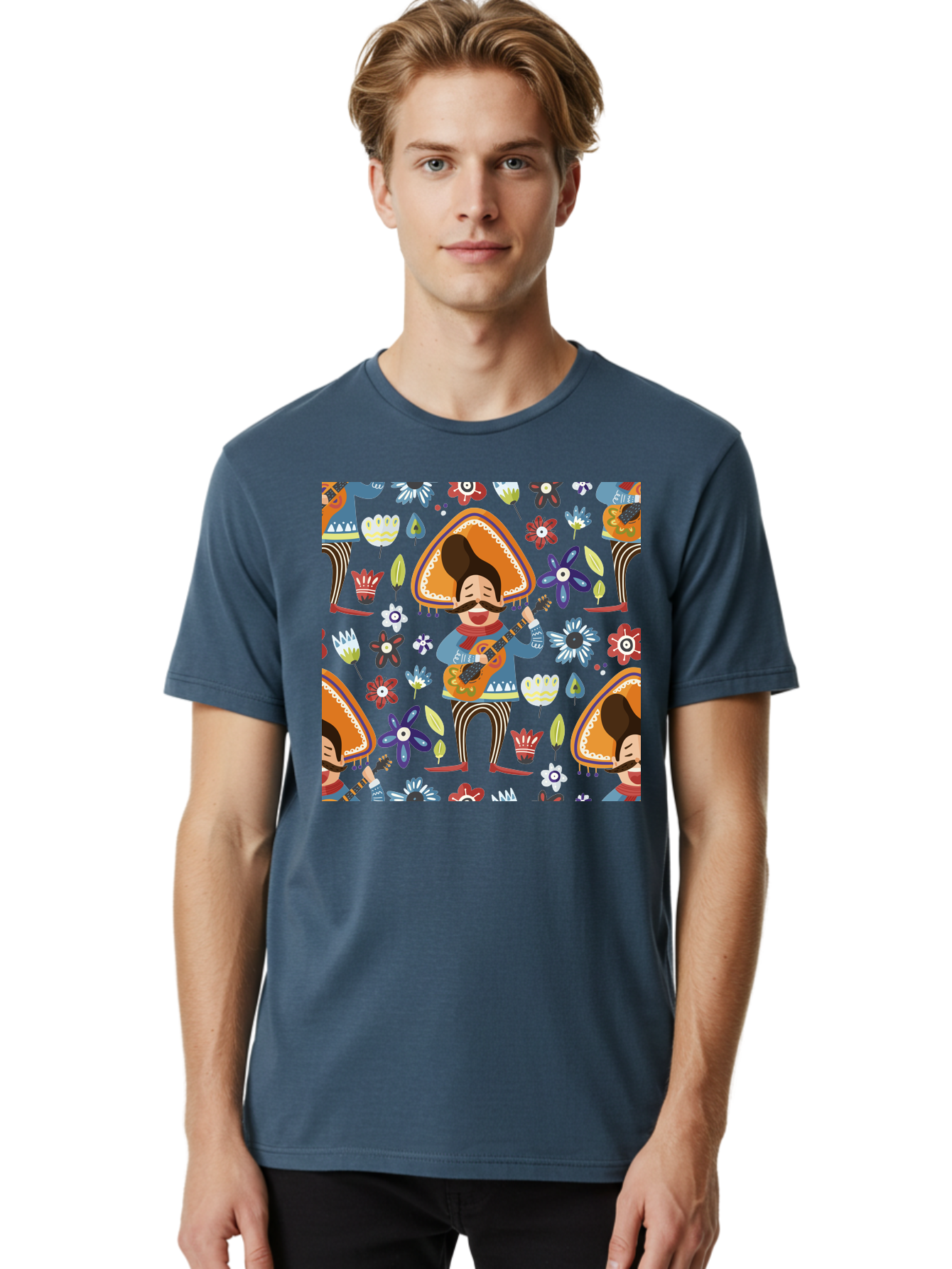 Mexican-Guitarist Men'S Graphic Tee, 100% Cotton, Comfortable Casual Summer Wear, Machine Washable, Mariachi Man Playing Guitar, Sombrero Hat, Mustache, Vibrant Flowers, Festive Atmosphere, Lively Music, Cultural Heritage, - Aaa279