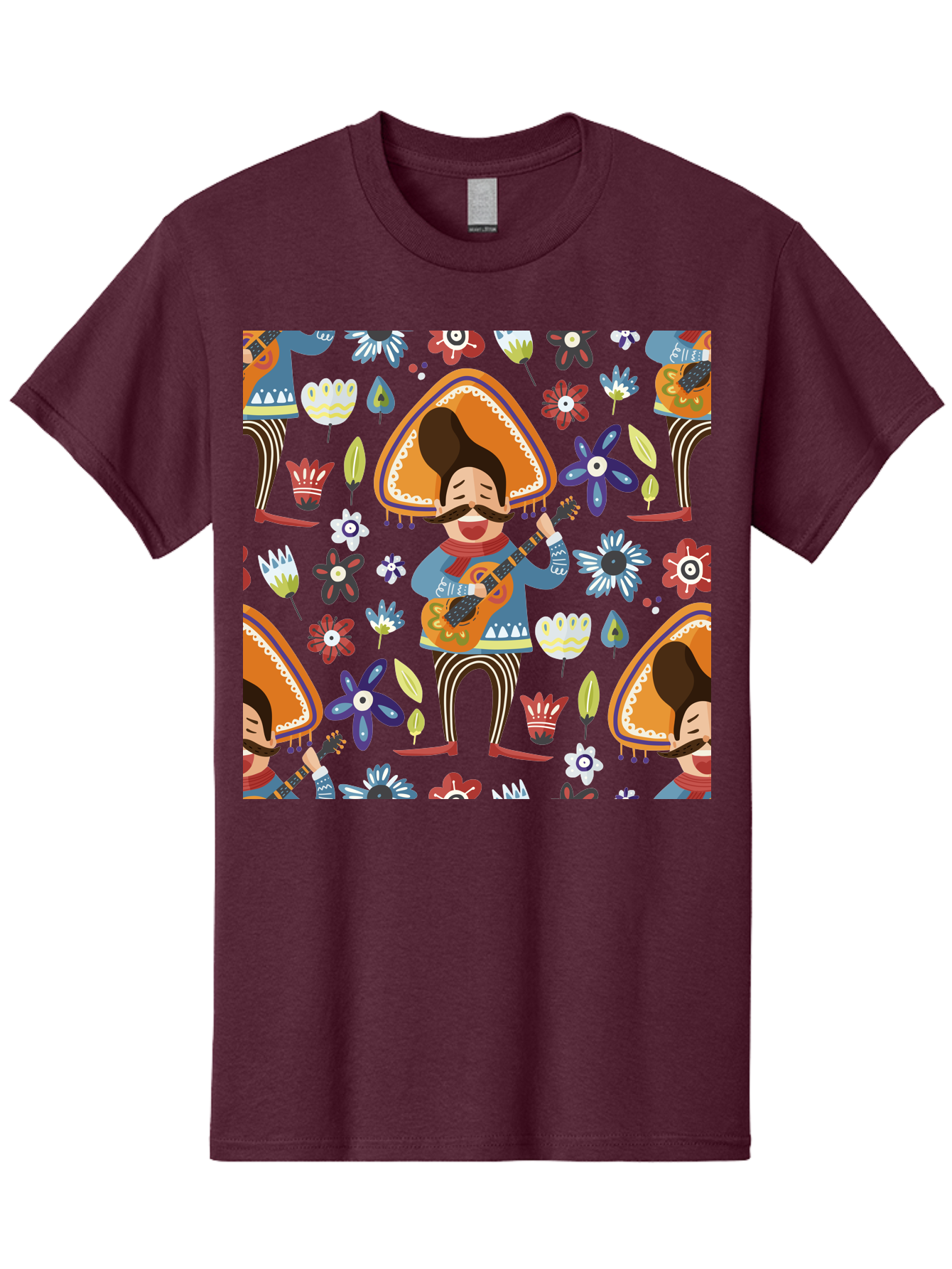 Mexican-Guitarist Men'S Graphic Tee, 100% Cotton, Comfortable Casual Summer Wear, Machine Washable, Mariachi Man Playing Guitar, Sombrero Hat, Mustache, Vibrant Flowers, Festive Atmosphere, Lively Music, Cultural Heritage, - Aaa279