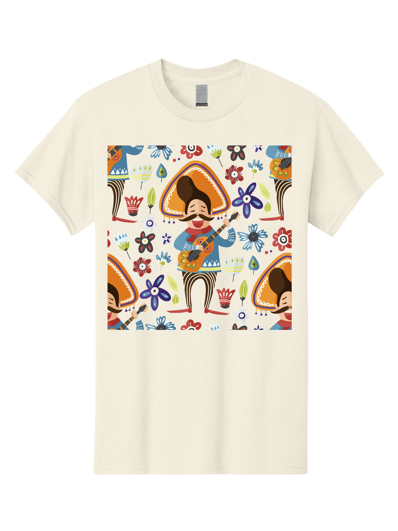 Mexican-Guitarist Men'S Graphic Tee, 100% Cotton, Comfortable Casual Summer Wear, Machine Washable, Mariachi Man Playing Guitar, Sombrero Hat, Mustache, Vibrant Flowers, Festive Atmosphere, Lively Music, Cultural Heritage, - Aaa279