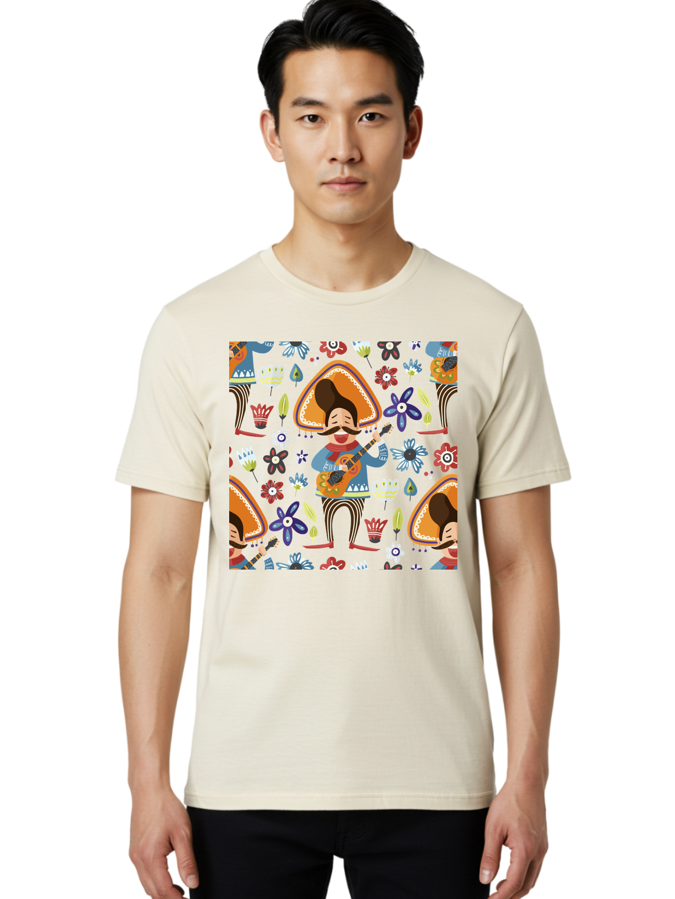 Mexican-Guitarist Men'S Graphic Tee, 100% Cotton, Comfortable Casual Summer Wear, Machine Washable, Mariachi Man Playing Guitar, Sombrero Hat, Mustache, Vibrant Flowers, Festive Atmosphere, Lively Music, Cultural Heritage, - Aaa279