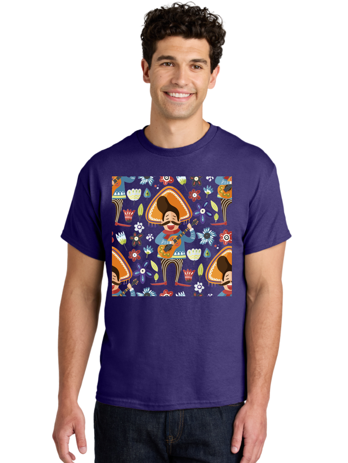 Mexican-Guitarist Men'S Graphic Tee, 100% Cotton, Comfortable Casual Summer Wear, Machine Washable, Mariachi Man Playing Guitar, Sombrero Hat, Mustache, Vibrant Flowers, Festive Atmosphere, Lively Music, Cultural Heritage, - Aaa279