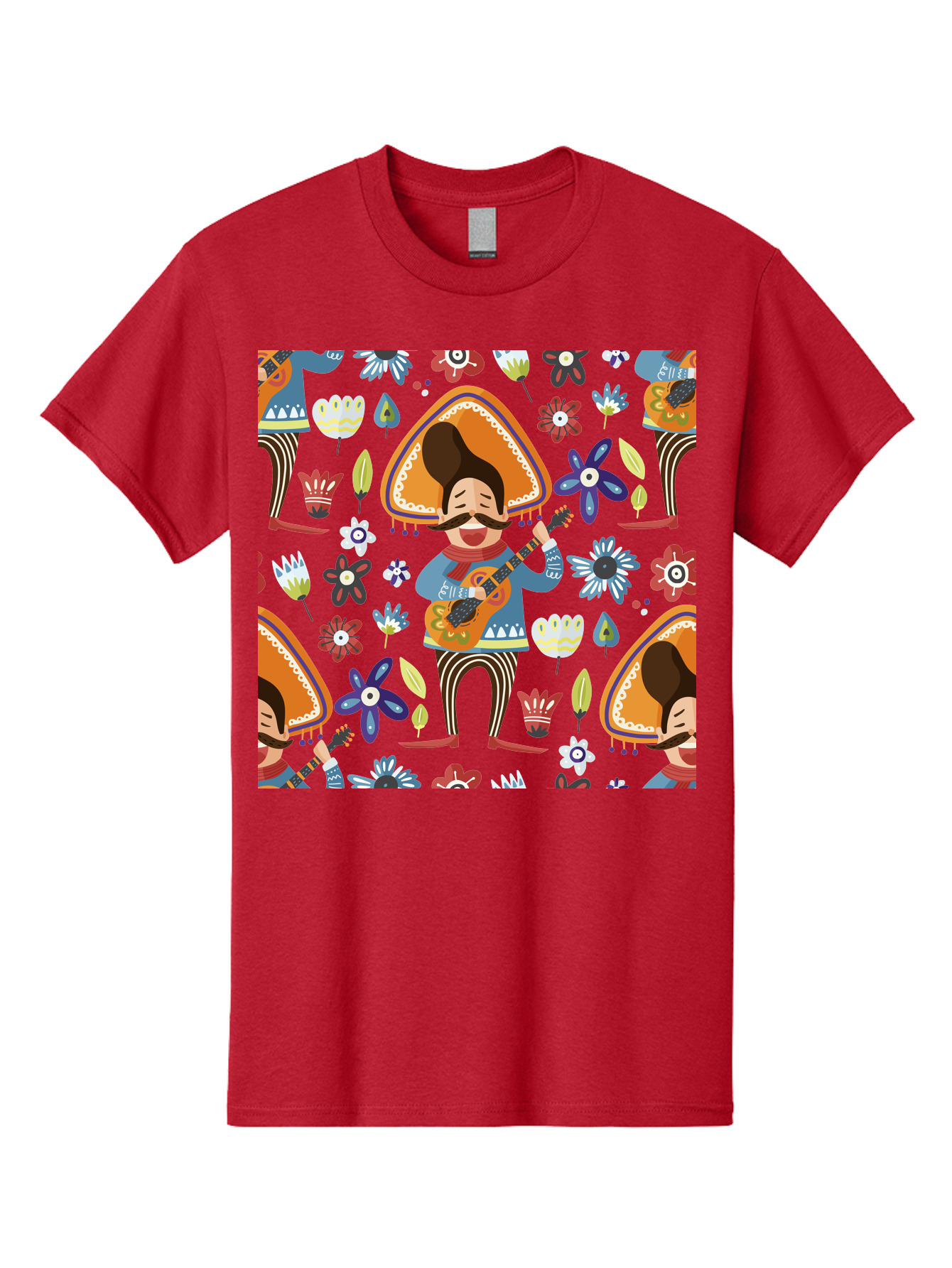 Mexican-Guitarist Men'S Graphic Tee, 100% Cotton, Comfortable Casual Summer Wear, Machine Washable, Mariachi Man Playing Guitar, Sombrero Hat, Mustache, Vibrant Flowers, Festive Atmosphere, Lively Music, Cultural Heritage, - Aaa279