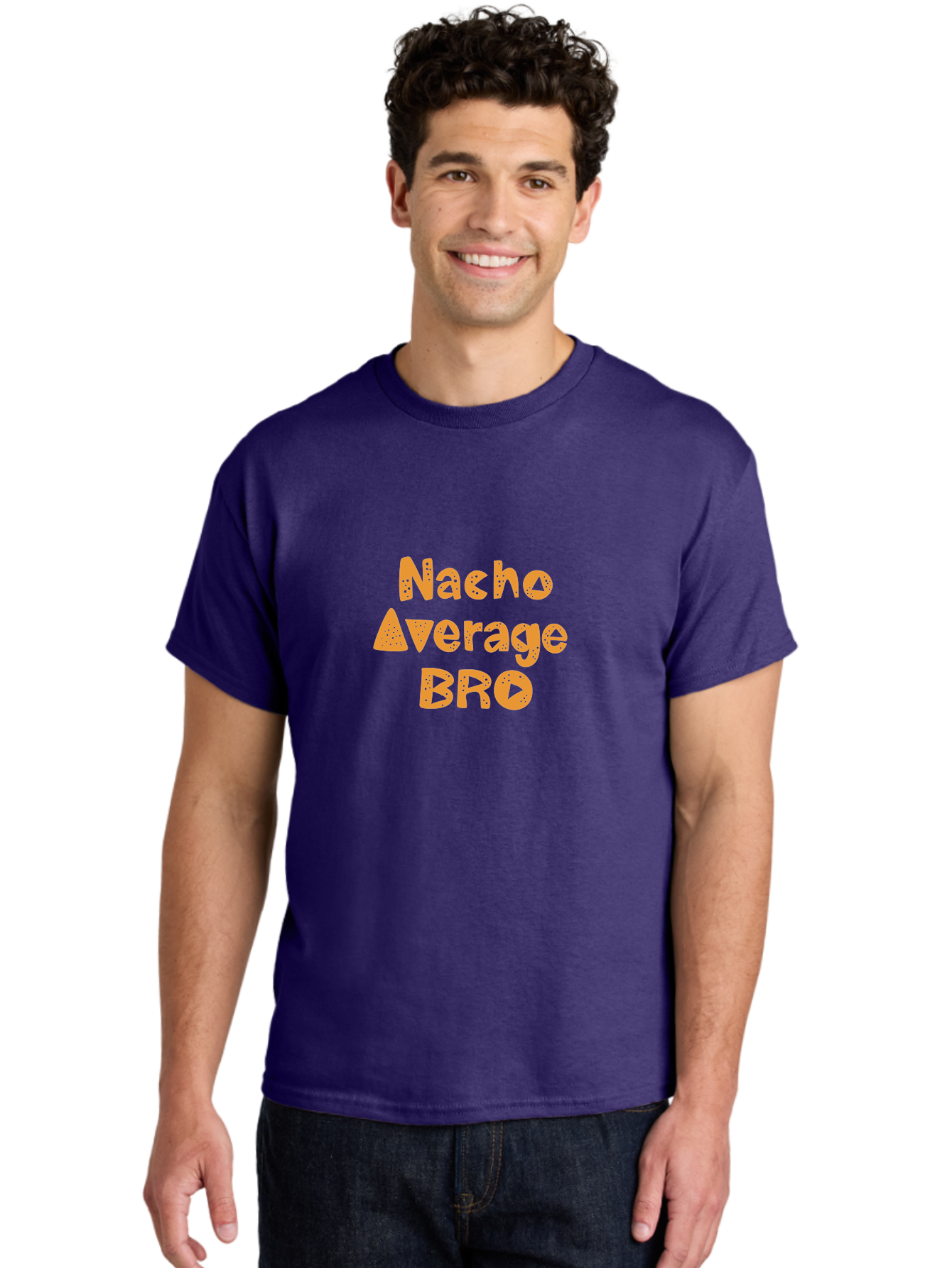 Nacho-Average-Bro-1 Men'S Graphic Tee, 100% Cotton, Comfortable Casual Summer Wear, Machine Washable, Funny Phrase, Playful Text, Orange Font, Stylized Letters, Humorous Expression, Nacho Average Bro, Quirky Graphic, Orange Color Scheme, - Aaa280