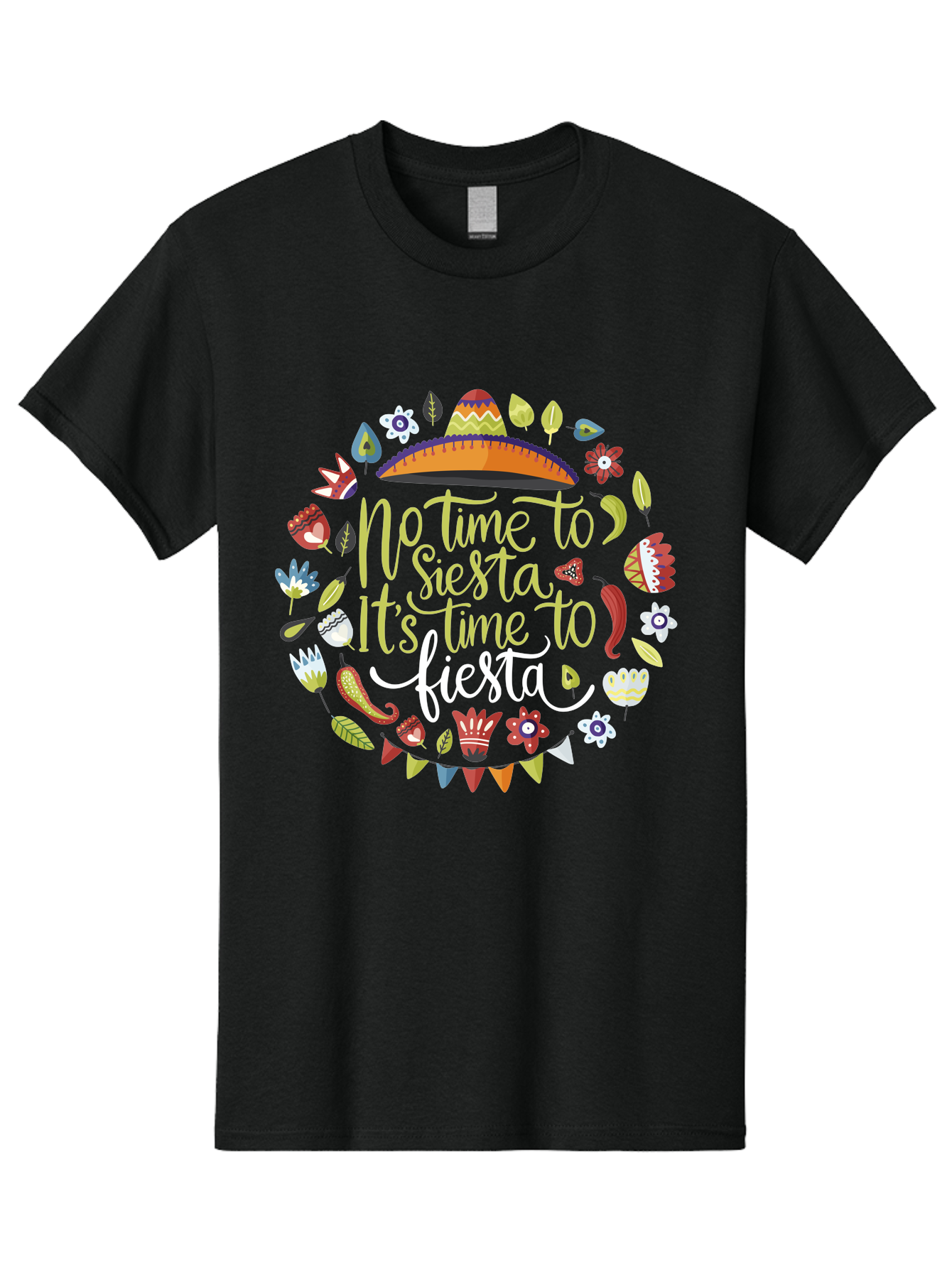 No-Time-To-Siesta-It-S-Time-To-Fiesta Men'S Graphic Tee, 100% Cotton, Comfortable Casual Summer Wear, Machine Washable, Fiesta Theme, Mexican Culture, Vibrant Colors, Party Decorations, Festive Atmosphere, Taco, Chili Pepper, Flowers, - Aaa288