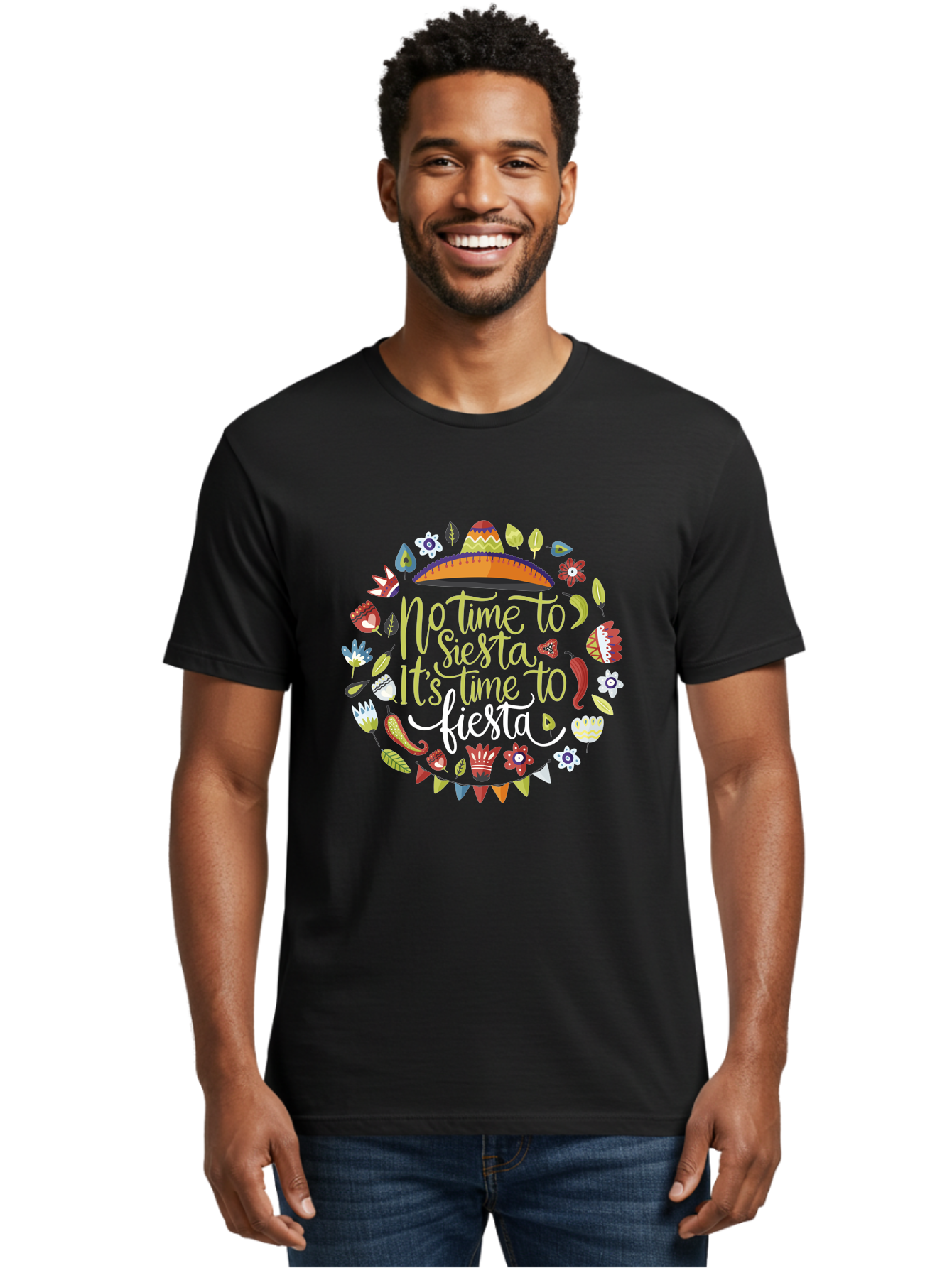 No-Time-To-Siesta-It-S-Time-To-Fiesta Men'S Graphic Tee, 100% Cotton, Comfortable Casual Summer Wear, Machine Washable, Fiesta Theme, Mexican Culture, Vibrant Colors, Party Decorations, Festive Atmosphere, Taco, Chili Pepper, Flowers, - Aaa288