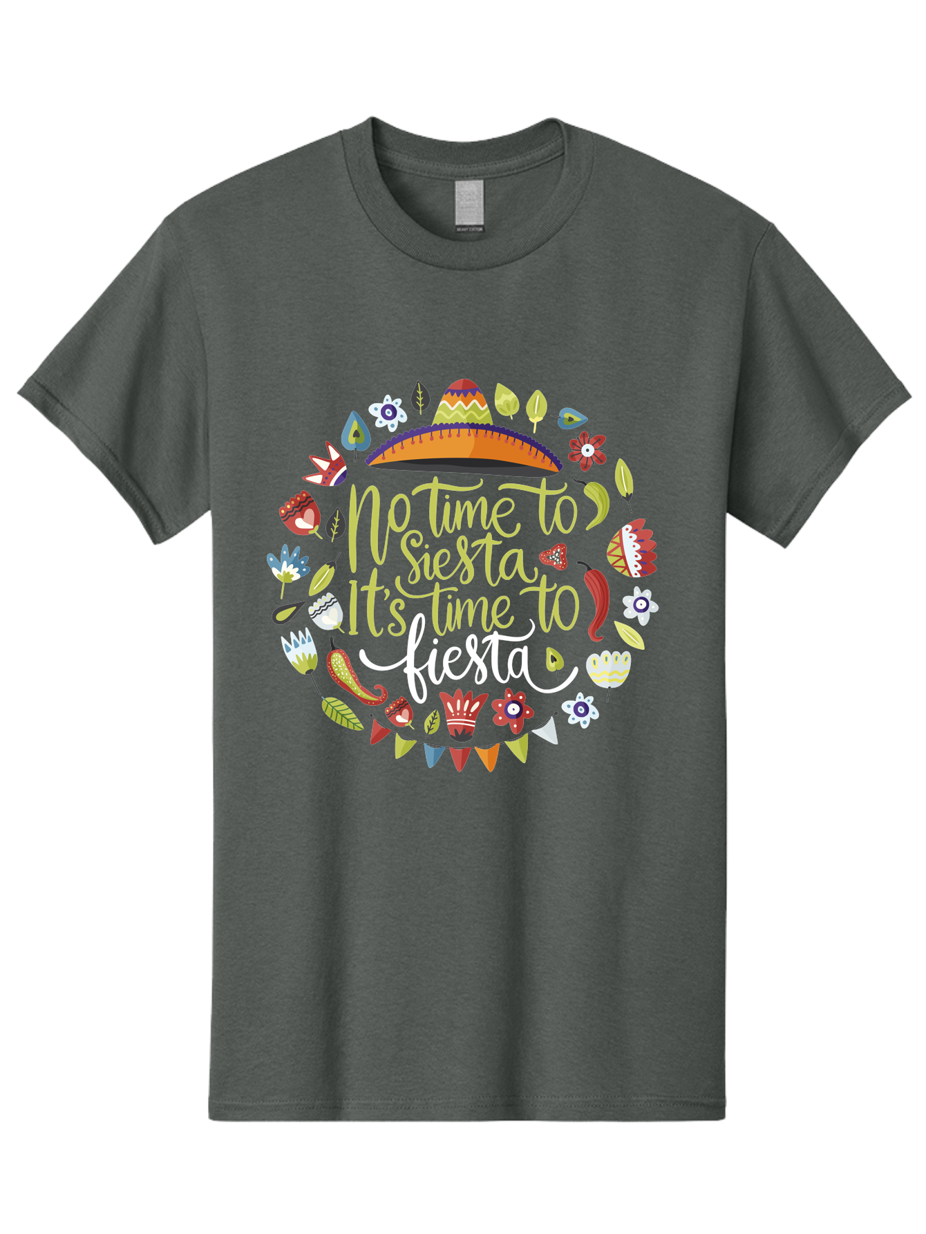 No-Time-To-Siesta-It-S-Time-To-Fiesta Men'S Graphic Tee, 100% Cotton, Comfortable Casual Summer Wear, Machine Washable, Fiesta Theme, Mexican Culture, Vibrant Colors, Party Decorations, Festive Atmosphere, Taco, Chili Pepper, Flowers, - Aaa288