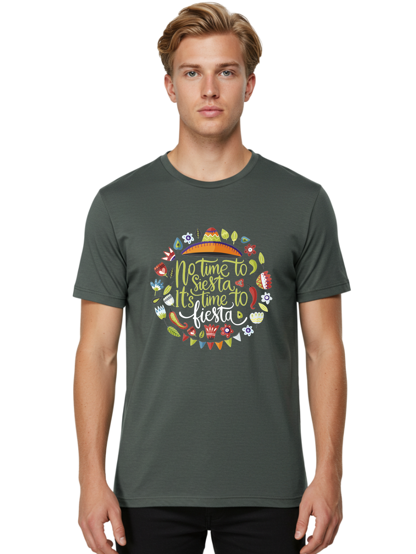 No-Time-To-Siesta-It-S-Time-To-Fiesta Men'S Graphic Tee, 100% Cotton, Comfortable Casual Summer Wear, Machine Washable, Fiesta Theme, Mexican Culture, Vibrant Colors, Party Decorations, Festive Atmosphere, Taco, Chili Pepper, Flowers, - Aaa288