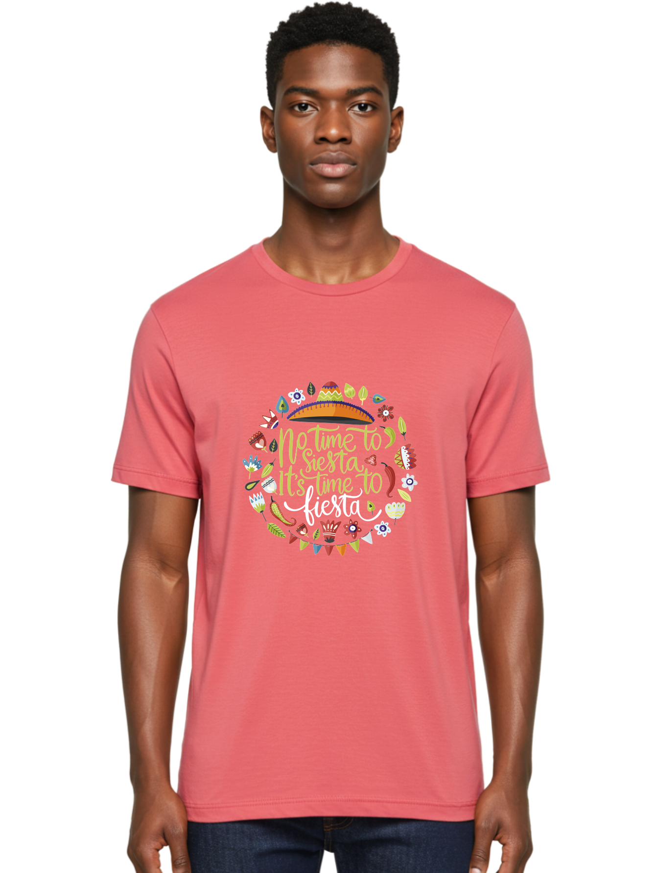 No-Time-To-Siesta-It-S-Time-To-Fiesta Men'S Graphic Tee, 100% Cotton, Comfortable Casual Summer Wear, Machine Washable, Fiesta Theme, Mexican Culture, Vibrant Colors, Party Decorations, Festive Atmosphere, Taco, Chili Pepper, Flowers, - Aaa288