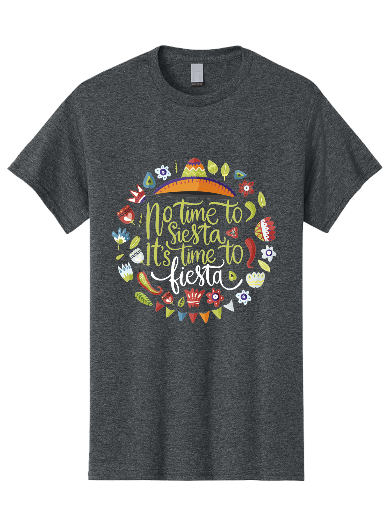 No-Time-To-Siesta-It-S-Time-To-Fiesta Men'S Graphic Tee, 100% Cotton, Comfortable Casual Summer Wear, Machine Washable, Fiesta Theme, Mexican Culture, Vibrant Colors, Party Decorations, Festive Atmosphere, Taco, Chili Pepper, Flowers, - Aaa288