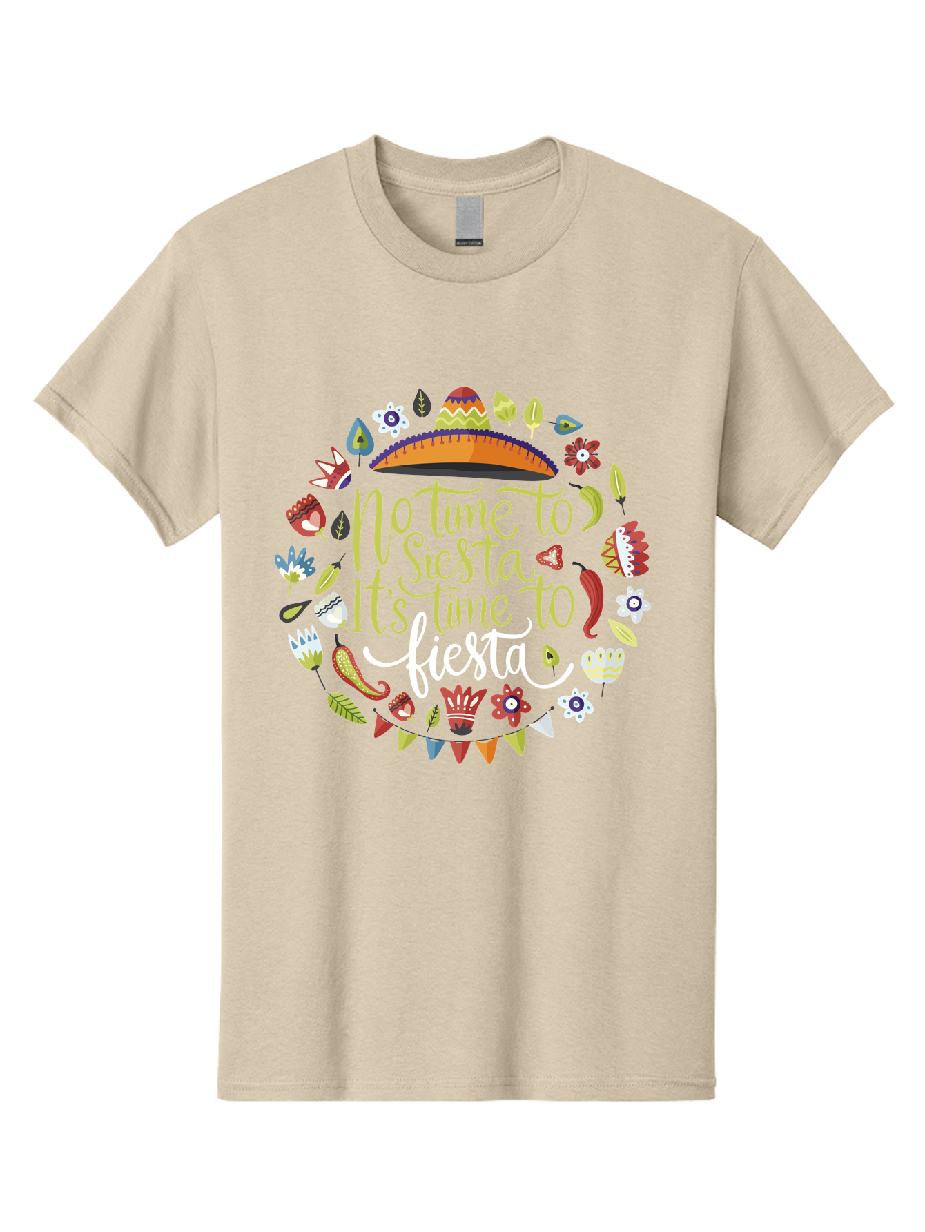 No-Time-To-Siesta-It-S-Time-To-Fiesta Men'S Graphic Tee, 100% Cotton, Comfortable Casual Summer Wear, Machine Washable, Fiesta Theme, Mexican Culture, Vibrant Colors, Party Decorations, Festive Atmosphere, Taco, Chili Pepper, Flowers, - Aaa288