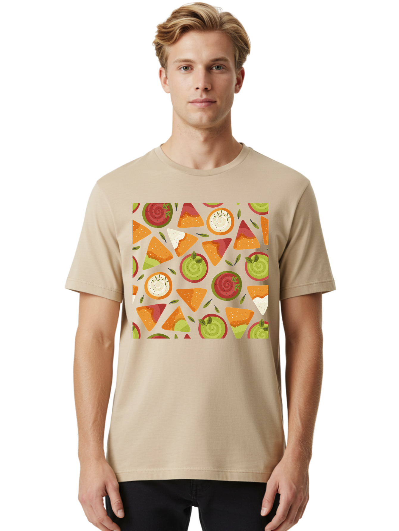 Pizza-Slices-Pattern Men'S Graphic Tee, 100% Cotton, Comfortable Casual Summer Wear, Machine Washable, Pizza Slices, Various Toppings, Pepperoni, Vegetables, Cheese, Food Pattern, Seamless Design, Cartoon Style - Aaa290