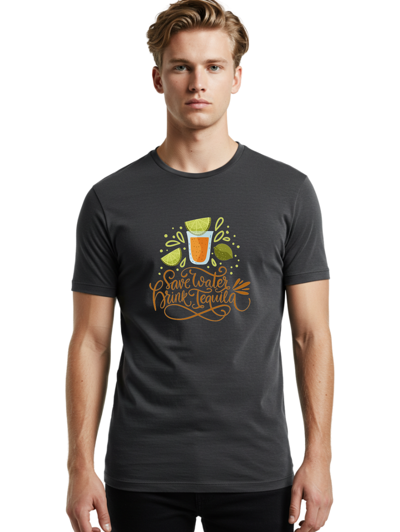 Save-Water-Drink-Tequila-1 Men'S Graphic Tee, 100% Cotton, Comfortable Casual Summer Wear, Machine Washable, Tequila Cocktail, Lime Wedges, Agave Plant, Party Theme, Happy Hour, Cocktail Hour, Tequila Lovers, Fun Typography, Festive Design, - Aaa291