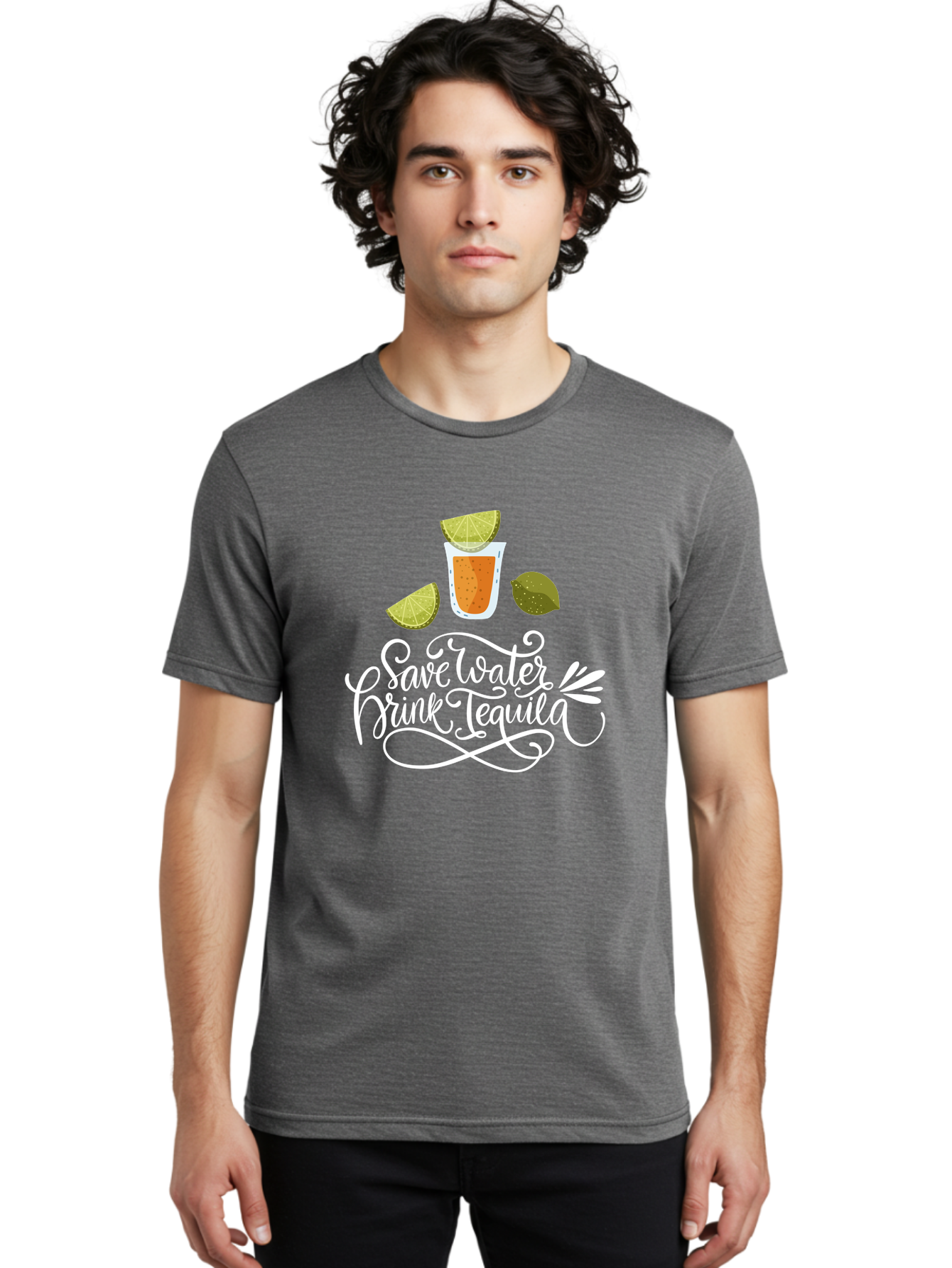 Save-Water-Drink-Tequila-2 Men'S Graphic Tee, 100% Cotton, Comfortable Casual Summer Wear, Machine Washable, Tequila Shot, Lime Wedges, Agave Leaf, Save Water Drink Tequila Text, Cocktail, Party, Drinking Culture, Humorous, Mexican Drink - Aaa292