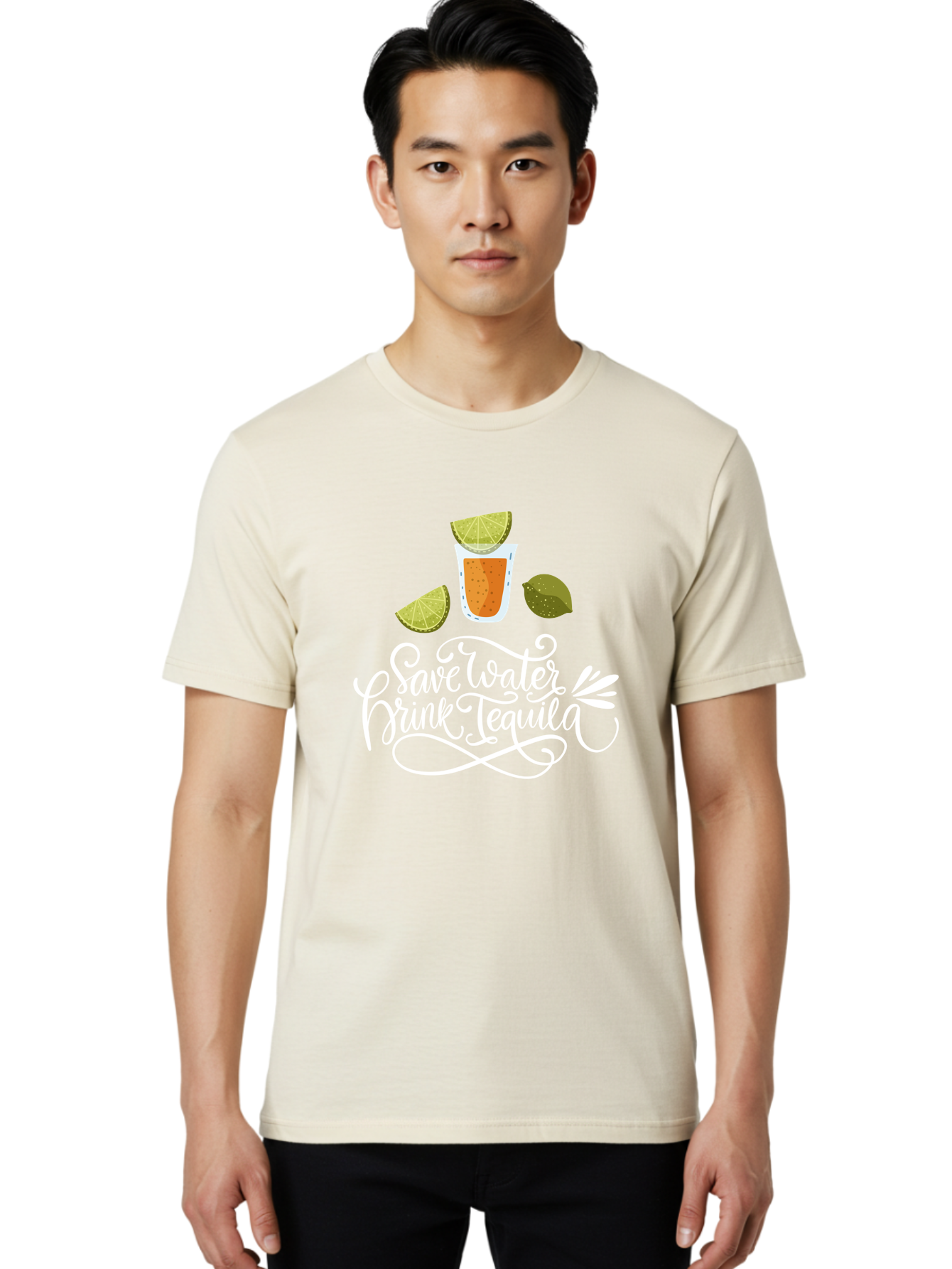 Save-Water-Drink-Tequila-2 Men'S Graphic Tee, 100% Cotton, Comfortable Casual Summer Wear, Machine Washable, Tequila Shot, Lime Wedges, Agave Leaf, Save Water Drink Tequila Text, Cocktail, Party, Drinking Culture, Humorous, Mexican Drink - Aaa292