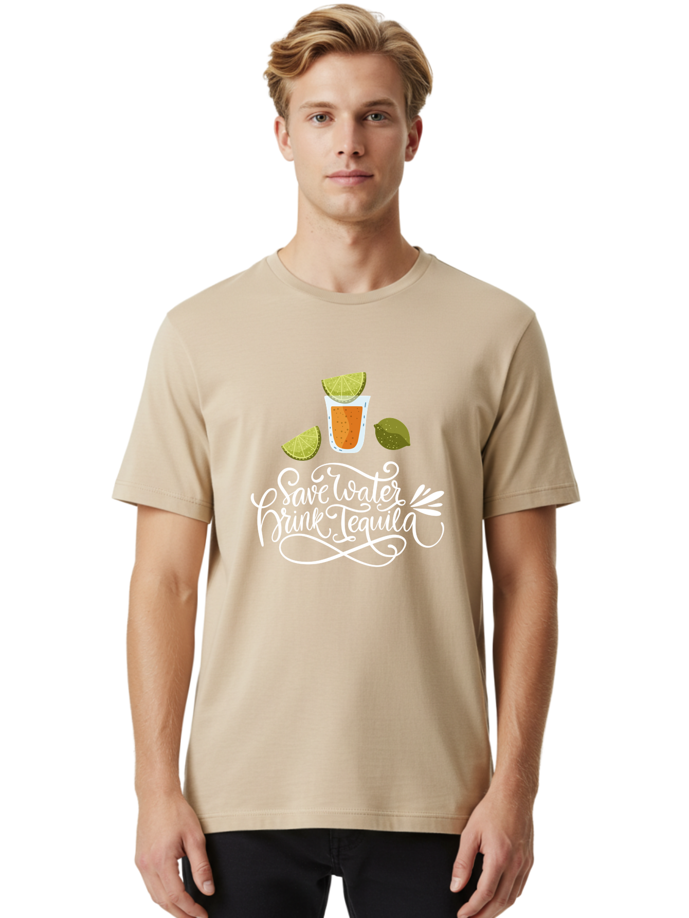 Save-Water-Drink-Tequila-2 Men'S Graphic Tee, 100% Cotton, Comfortable Casual Summer Wear, Machine Washable, Tequila Shot, Lime Wedges, Agave Leaf, Save Water Drink Tequila Text, Cocktail, Party, Drinking Culture, Humorous, Mexican Drink - Aaa292
