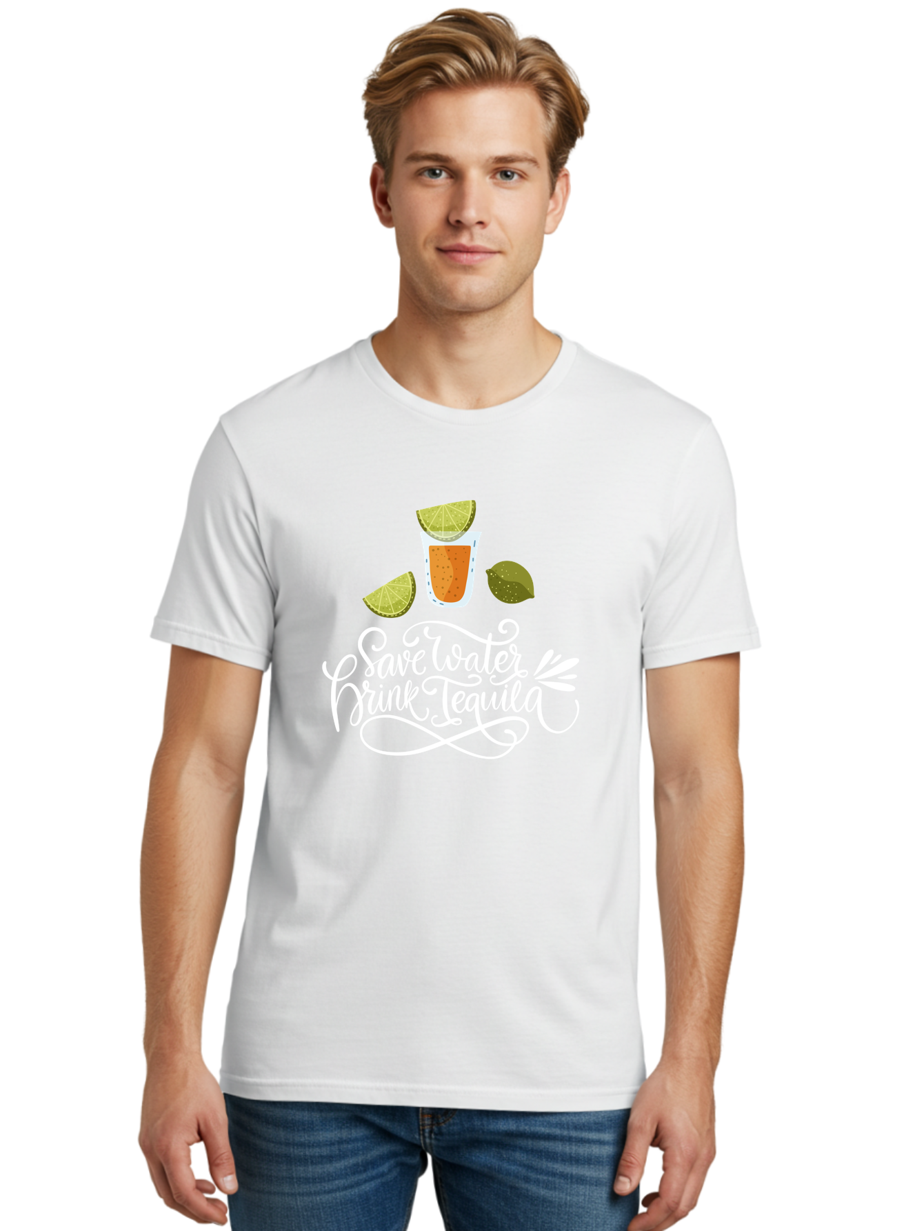 Save-Water-Drink-Tequila-2 Men'S Graphic Tee, 100% Cotton, Comfortable Casual Summer Wear, Machine Washable, Tequila Shot, Lime Wedges, Agave Leaf, Save Water Drink Tequila Text, Cocktail, Party, Drinking Culture, Humorous, Mexican Drink - Aaa292