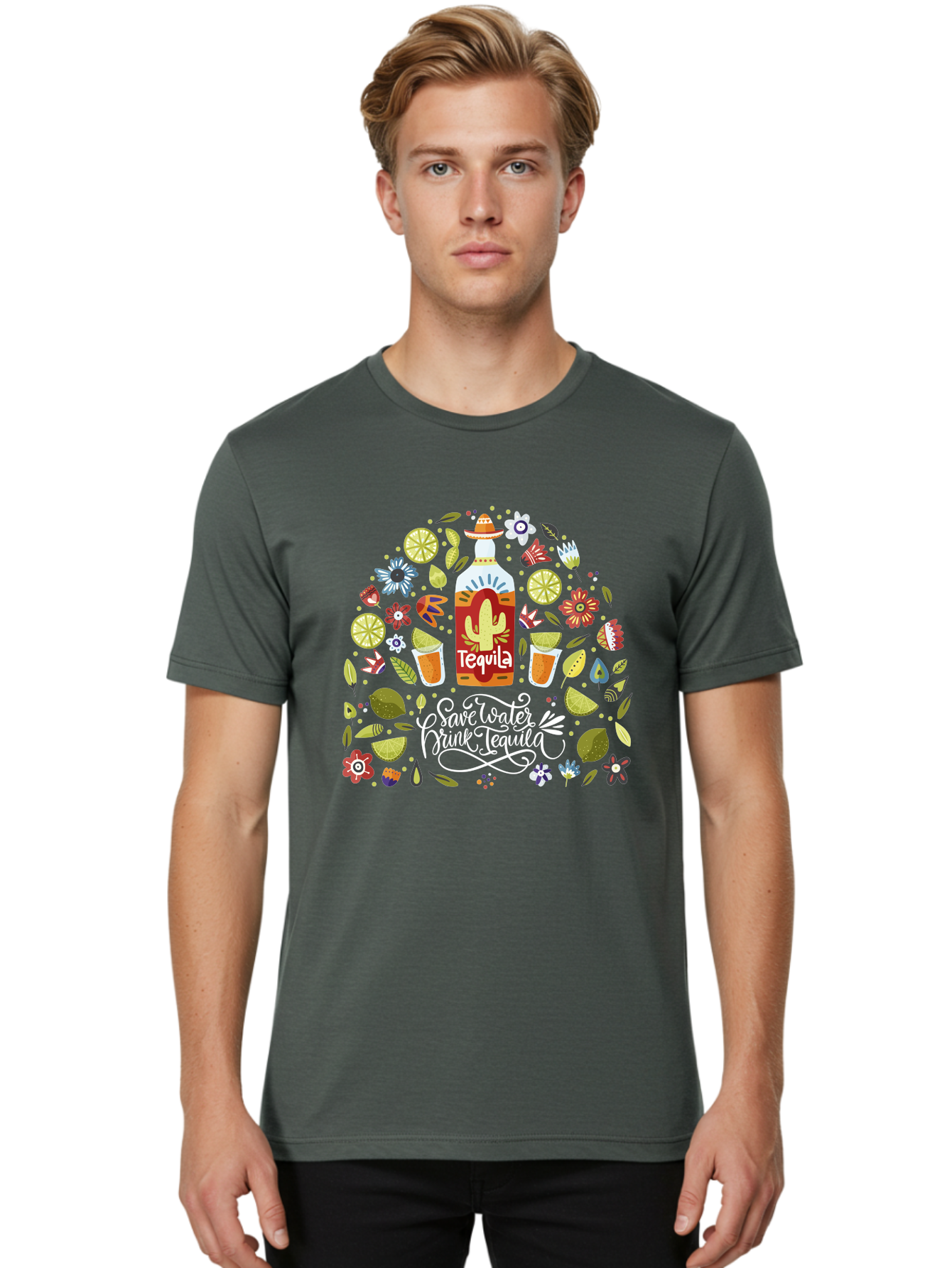 Save-Water-Drink-Tequila Men'S Graphic Tee, 100% Cotton, Comfortable Casual Summer Wear, Machine Washable, Tequila Bottle, Mariachi Inspired Design, Cactus Illustration, Lime Wedges, Citrus Slices, Festive Flowers, Tequila Glasses, - Aaa295