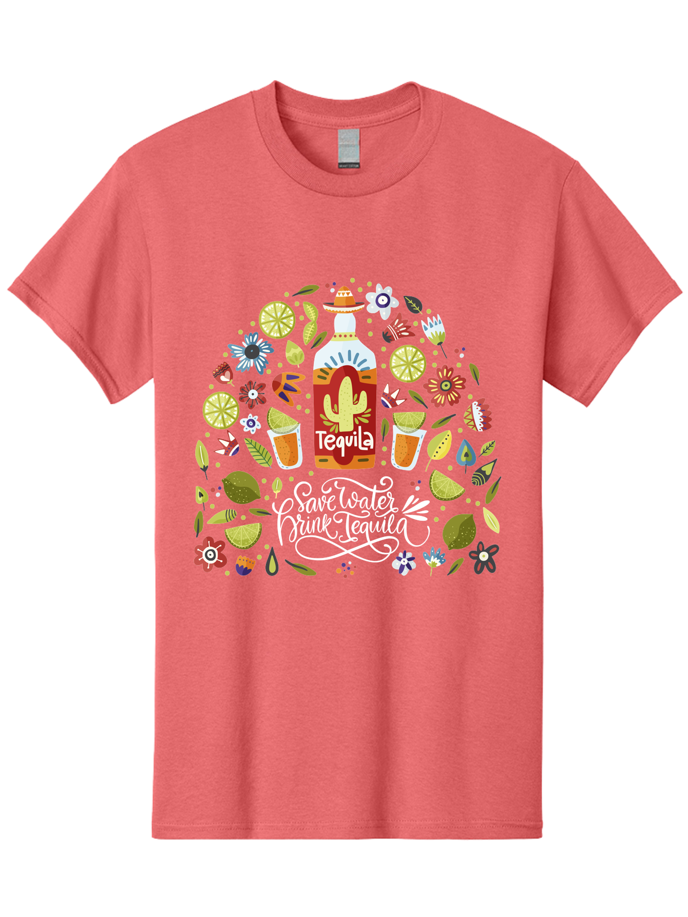 Save-Water-Drink-Tequila Men'S Graphic Tee, 100% Cotton, Comfortable Casual Summer Wear, Machine Washable, Tequila Bottle, Mariachi Inspired Design, Cactus Illustration, Lime Wedges, Citrus Slices, Festive Flowers, Tequila Glasses, - Aaa295