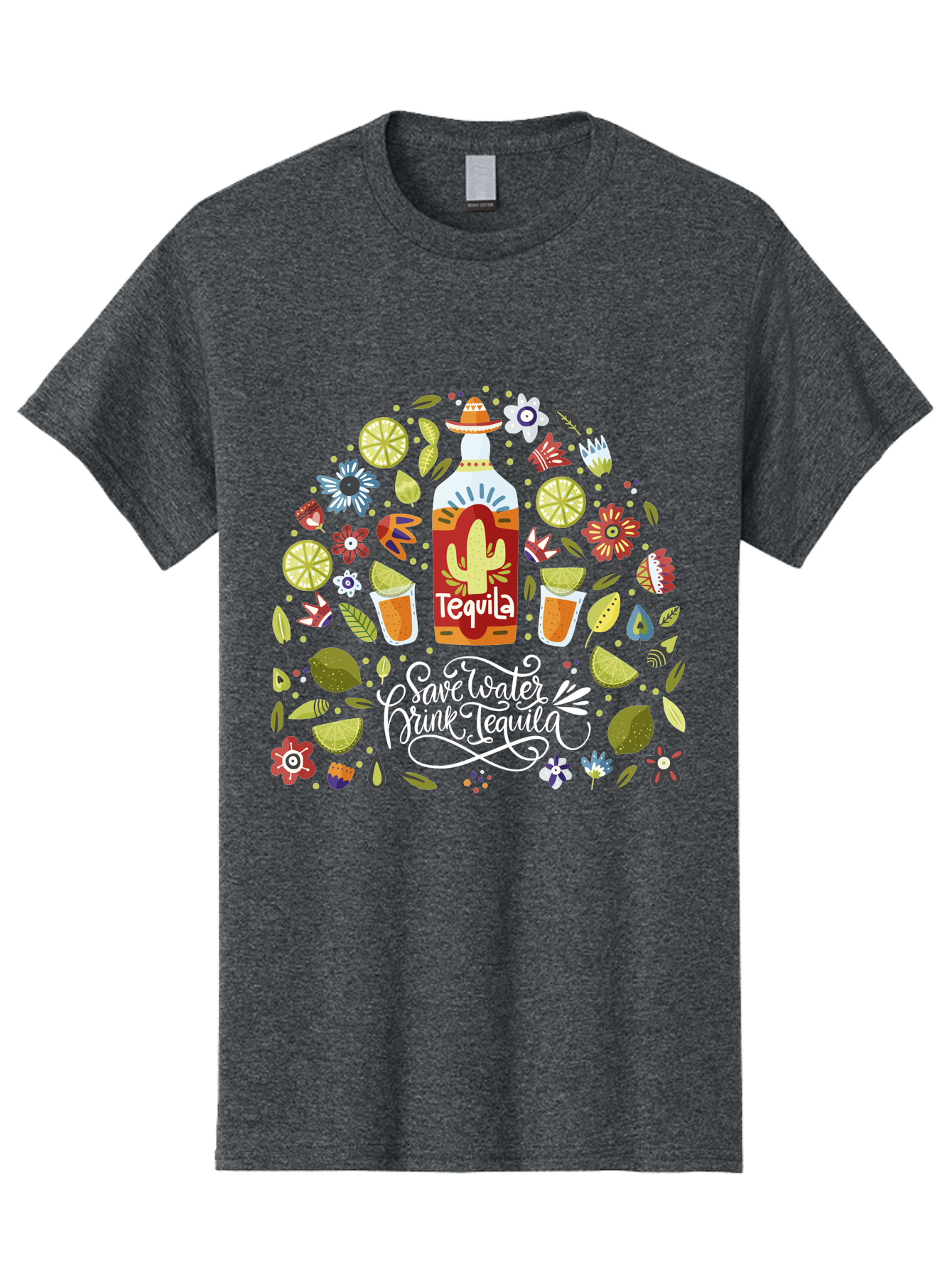 Save-Water-Drink-Tequila Men'S Graphic Tee, 100% Cotton, Comfortable Casual Summer Wear, Machine Washable, Tequila Bottle, Mariachi Inspired Design, Cactus Illustration, Lime Wedges, Citrus Slices, Festive Flowers, Tequila Glasses, - Aaa295