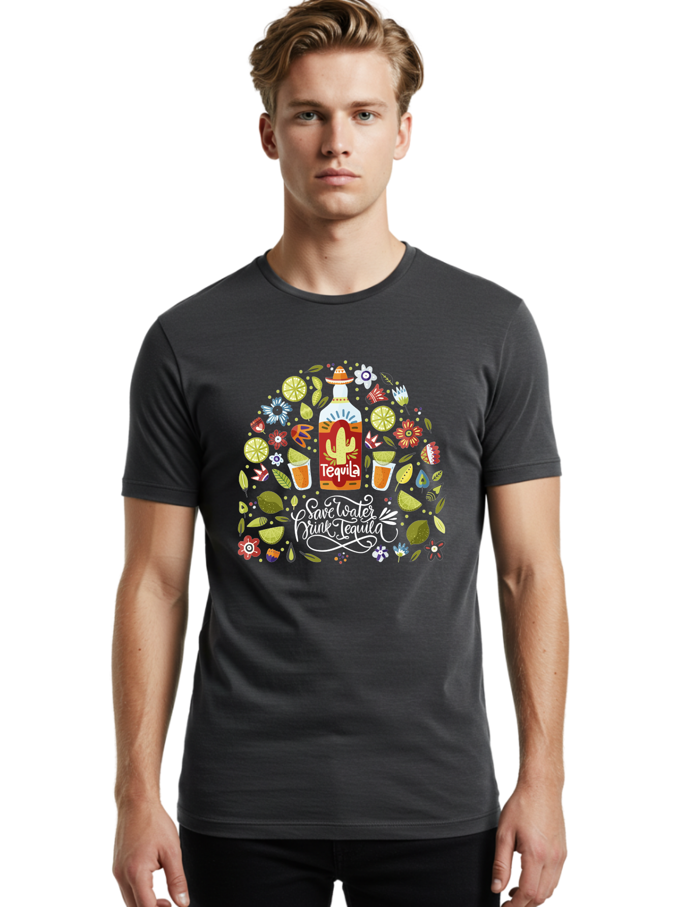 Save-Water-Drink-Tequila Men'S Graphic Tee, 100% Cotton, Comfortable Casual Summer Wear, Machine Washable, Tequila Bottle, Mariachi Inspired Design, Cactus Illustration, Lime Wedges, Citrus Slices, Festive Flowers, Tequila Glasses, - Aaa295