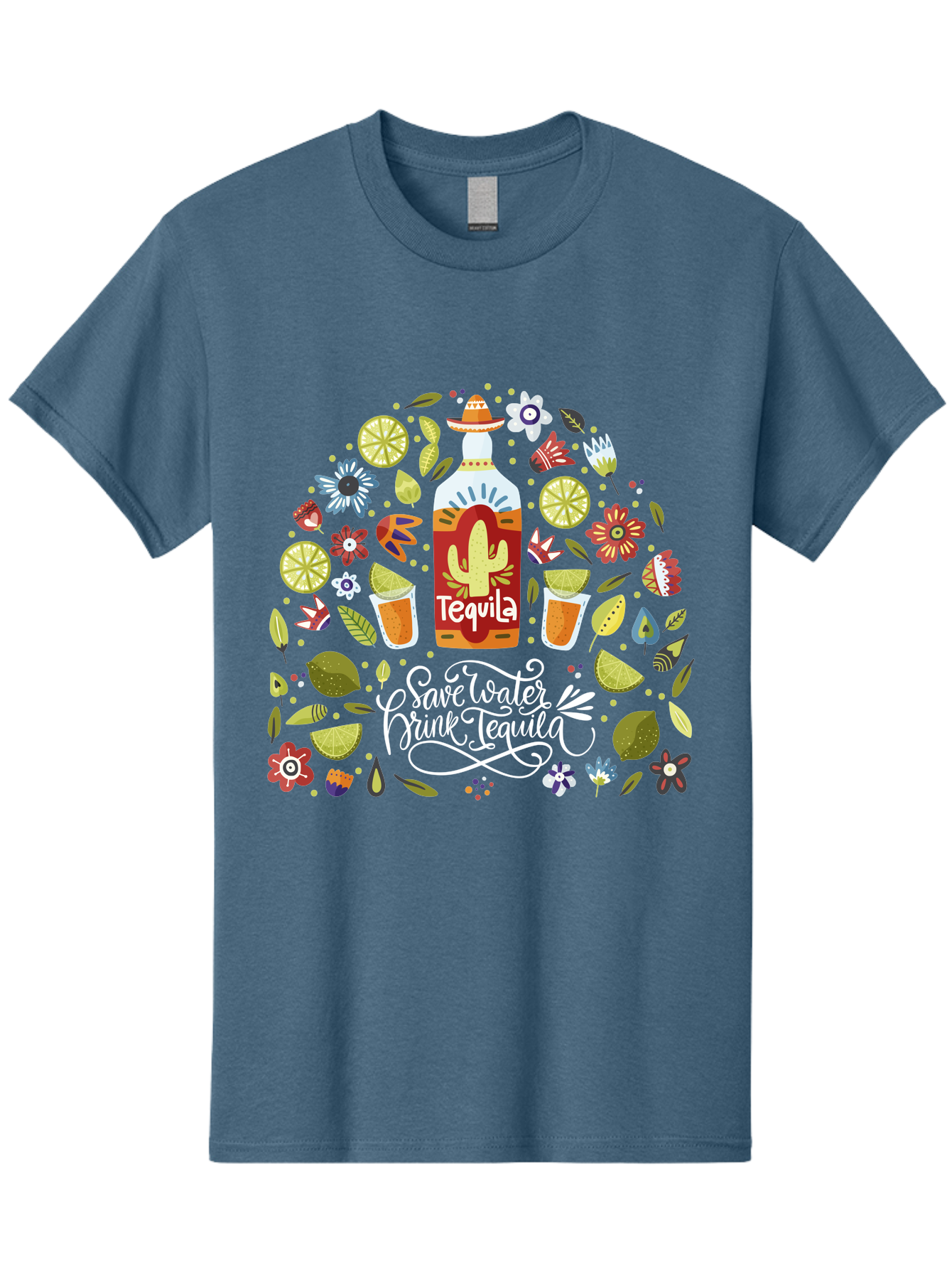 Save-Water-Drink-Tequila Men'S Graphic Tee, 100% Cotton, Comfortable Casual Summer Wear, Machine Washable, Tequila Bottle, Mariachi Inspired Design, Cactus Illustration, Lime Wedges, Citrus Slices, Festive Flowers, Tequila Glasses, - Aaa295
