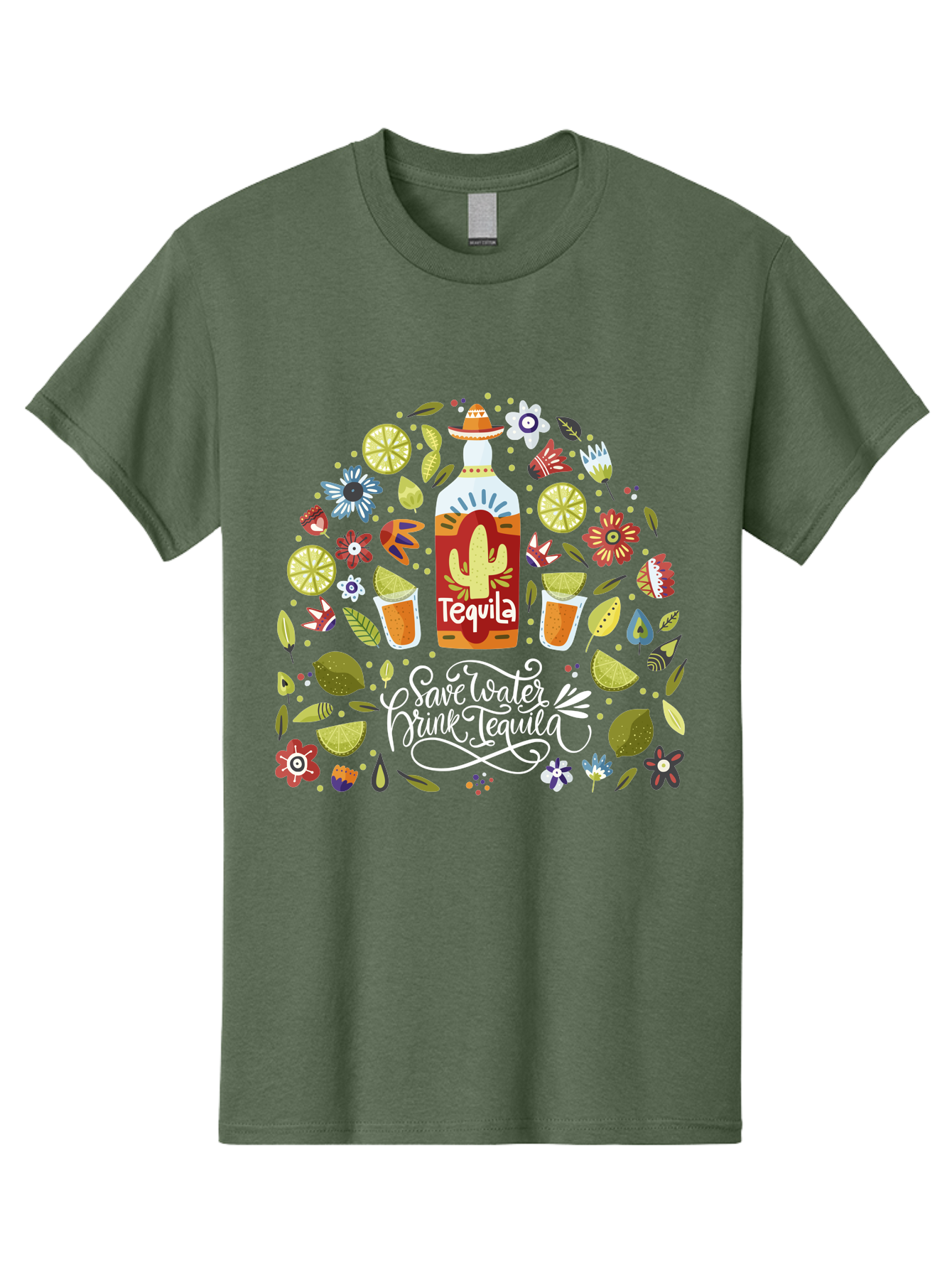Save-Water-Drink-Tequila Men'S Graphic Tee, 100% Cotton, Comfortable Casual Summer Wear, Machine Washable, Tequila Bottle, Mariachi Inspired Design, Cactus Illustration, Lime Wedges, Citrus Slices, Festive Flowers, Tequila Glasses, - Aaa295