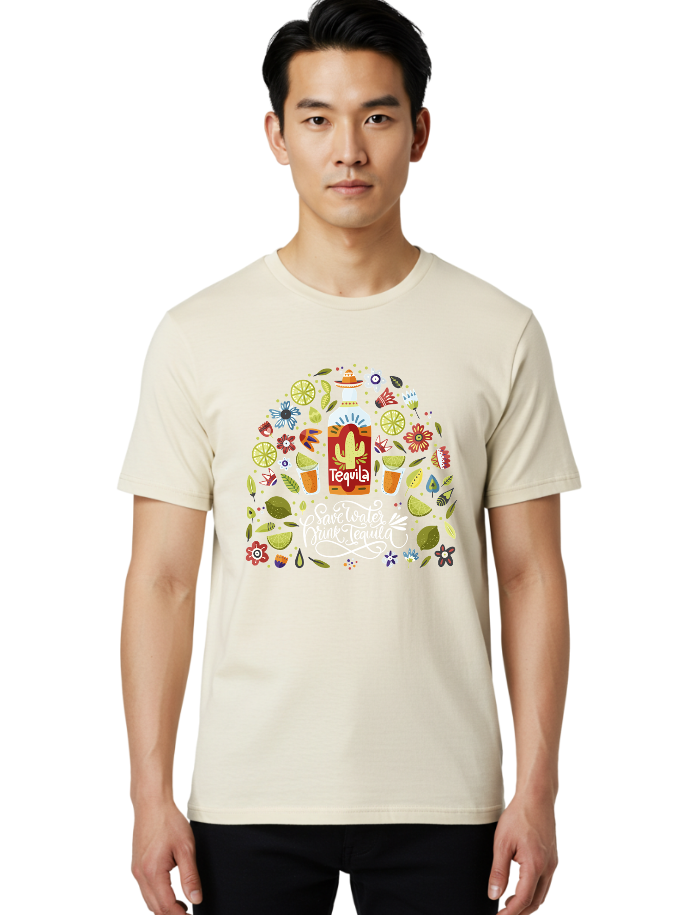 Save-Water-Drink-Tequila Men'S Graphic Tee, 100% Cotton, Comfortable Casual Summer Wear, Machine Washable, Tequila Bottle, Mariachi Inspired Design, Cactus Illustration, Lime Wedges, Citrus Slices, Festive Flowers, Tequila Glasses, - Aaa295