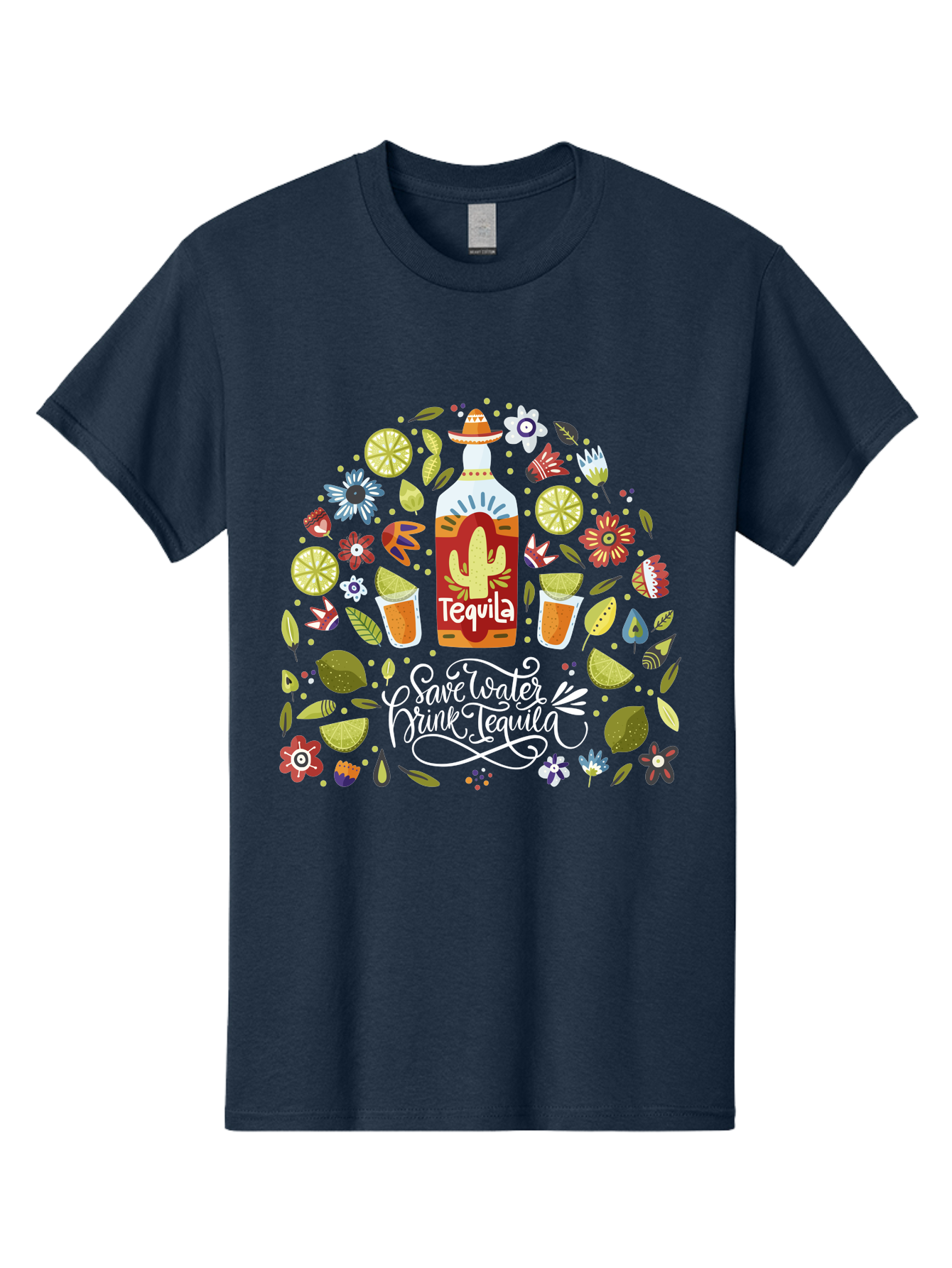 Save-Water-Drink-Tequila Men'S Graphic Tee, 100% Cotton, Comfortable Casual Summer Wear, Machine Washable, Tequila Bottle, Mariachi Inspired Design, Cactus Illustration, Lime Wedges, Citrus Slices, Festive Flowers, Tequila Glasses, - Aaa295