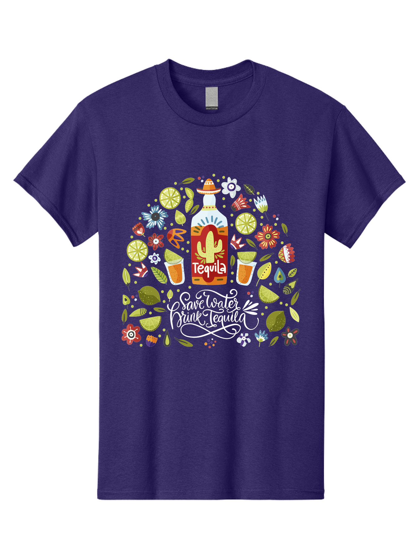 Save-Water-Drink-Tequila Men'S Graphic Tee, 100% Cotton, Comfortable Casual Summer Wear, Machine Washable, Tequila Bottle, Mariachi Inspired Design, Cactus Illustration, Lime Wedges, Citrus Slices, Festive Flowers, Tequila Glasses, - Aaa295
