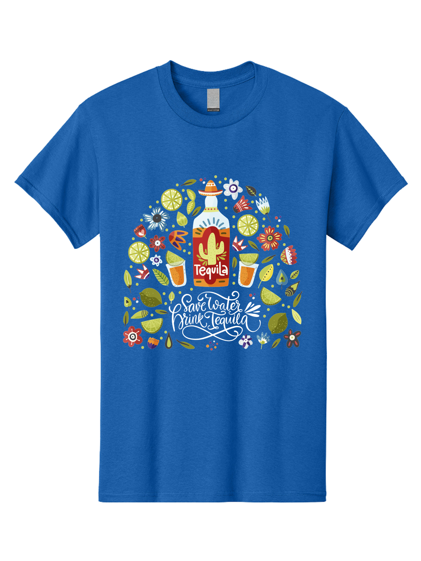 Save-Water-Drink-Tequila Men'S Graphic Tee, 100% Cotton, Comfortable Casual Summer Wear, Machine Washable, Tequila Bottle, Mariachi Inspired Design, Cactus Illustration, Lime Wedges, Citrus Slices, Festive Flowers, Tequila Glasses, - Aaa295