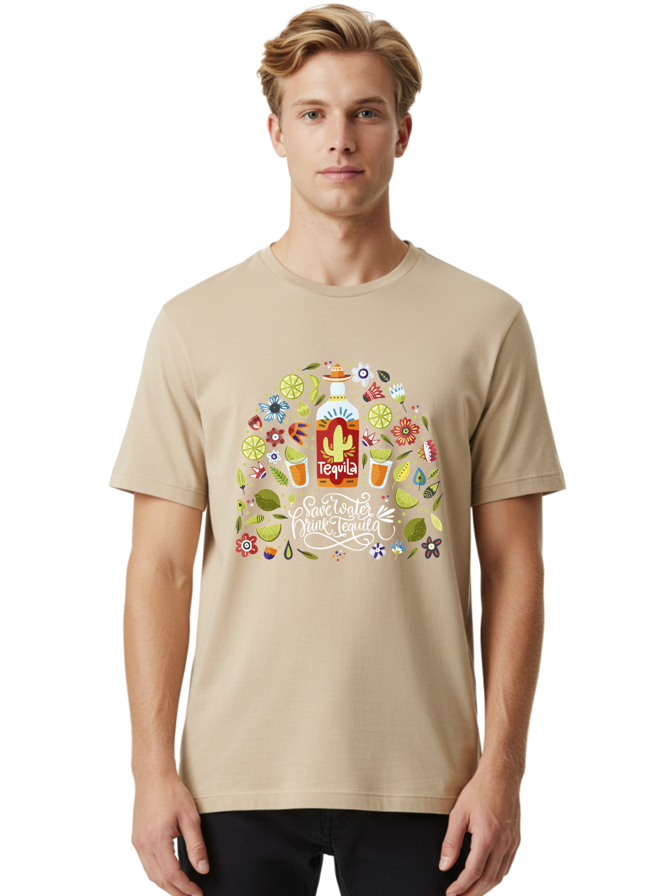 Save-Water-Drink-Tequila Men'S Graphic Tee, 100% Cotton, Comfortable Casual Summer Wear, Machine Washable, Tequila Bottle, Mariachi Inspired Design, Cactus Illustration, Lime Wedges, Citrus Slices, Festive Flowers, Tequila Glasses, - Aaa295