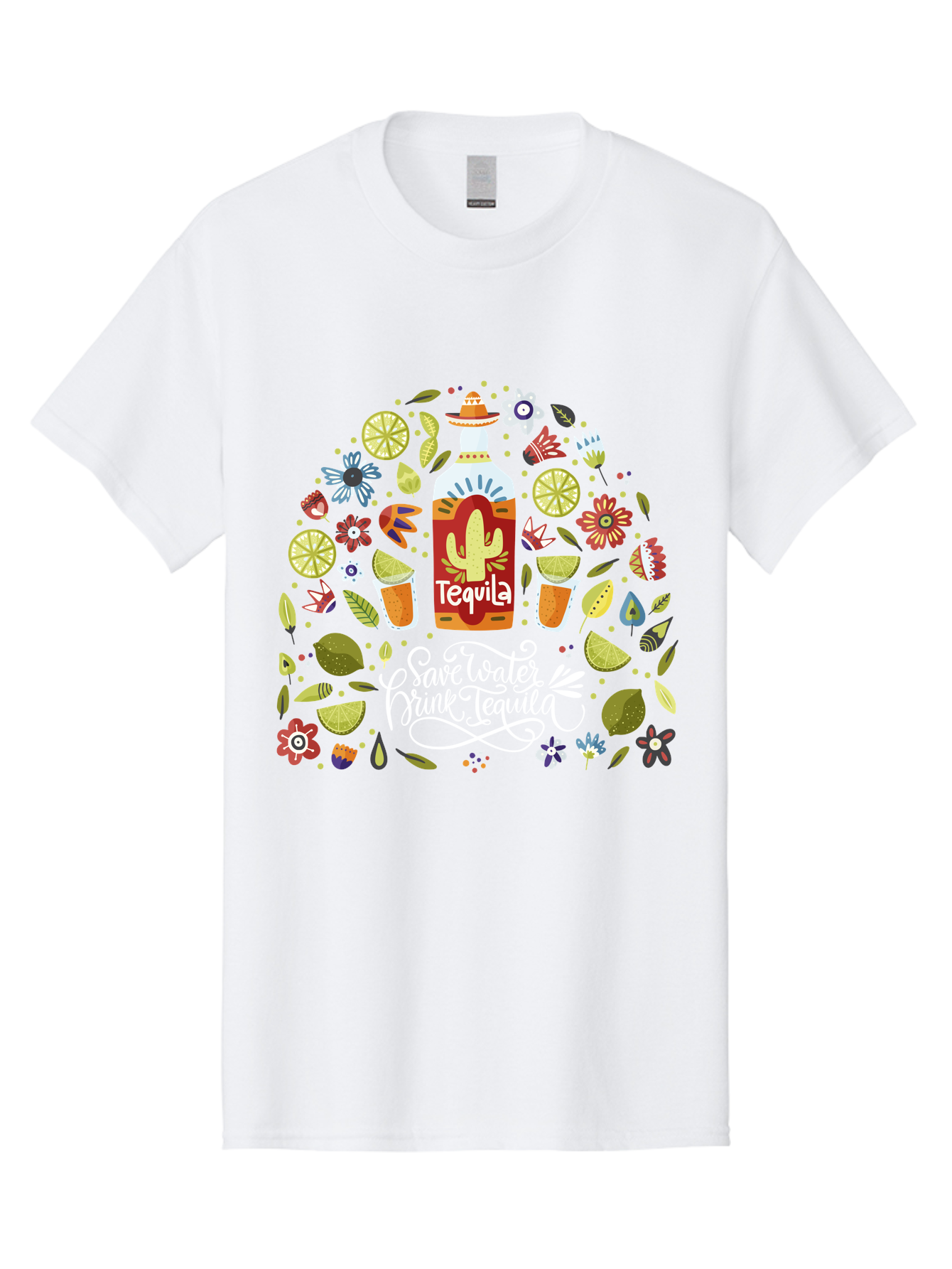 Save-Water-Drink-Tequila Men'S Graphic Tee, 100% Cotton, Comfortable Casual Summer Wear, Machine Washable, Tequila Bottle, Mariachi Inspired Design, Cactus Illustration, Lime Wedges, Citrus Slices, Festive Flowers, Tequila Glasses, - Aaa295