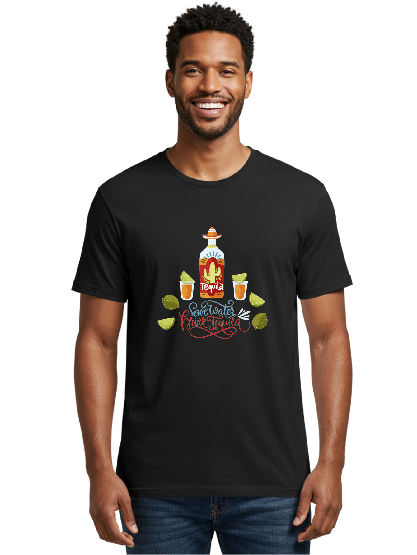 Smile-Later-Drink-Tequila Men'S Graphic Tee, 100% Cotton, Comfortable Casual Summer Wear, Machine Washable, Tequila Shots, Lime Wedges, Tequila Bottle, Cactus Design, Fiesta Theme, Margarita Glasses, Mexican Spirit, Drink Tequila - Aaa296