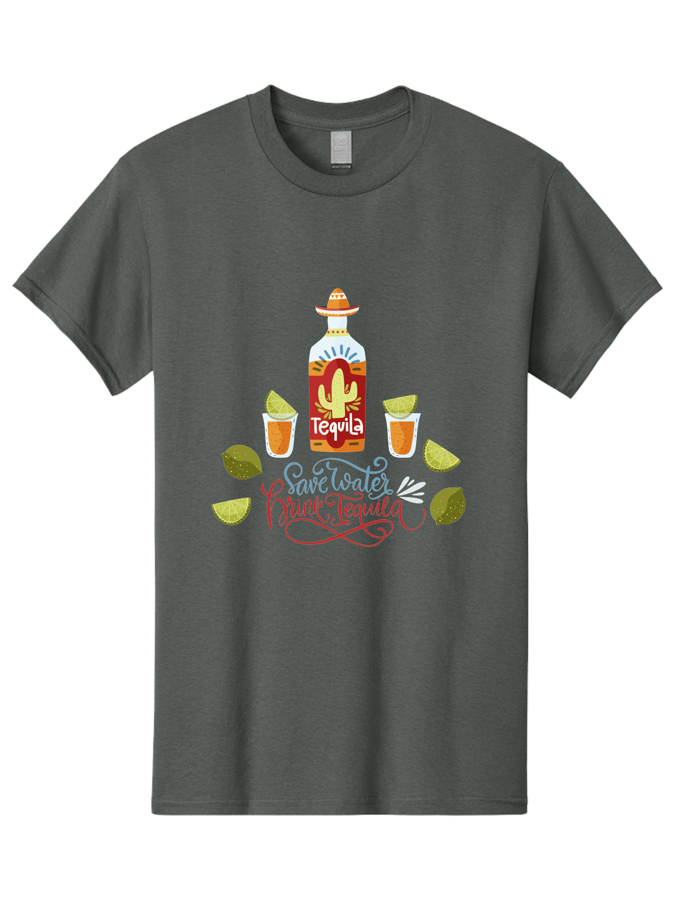 Smile-Later-Drink-Tequila Men'S Graphic Tee, 100% Cotton, Comfortable Casual Summer Wear, Machine Washable, Tequila Shots, Lime Wedges, Tequila Bottle, Cactus Design, Fiesta Theme, Margarita Glasses, Mexican Spirit, Drink Tequila - Aaa296