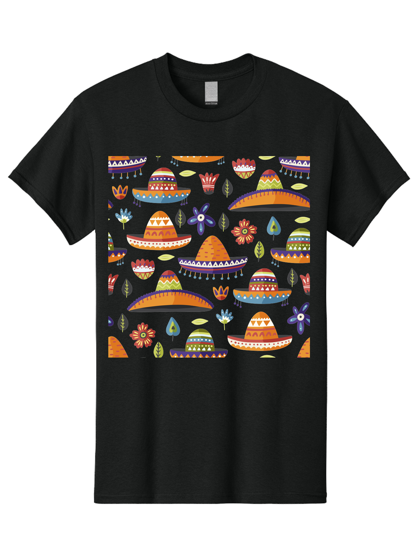 Sombrero-Pattern Men'S Graphic Tee, 100% Cotton, Comfortable Casual Summer Wear, Machine Washable, Colorful Sombreros, Mexican Hats, Floral Patterns, Vibrant Designs, Cultural Heritage, Traditional Attire, Festive Atmosphere, - Aaa297