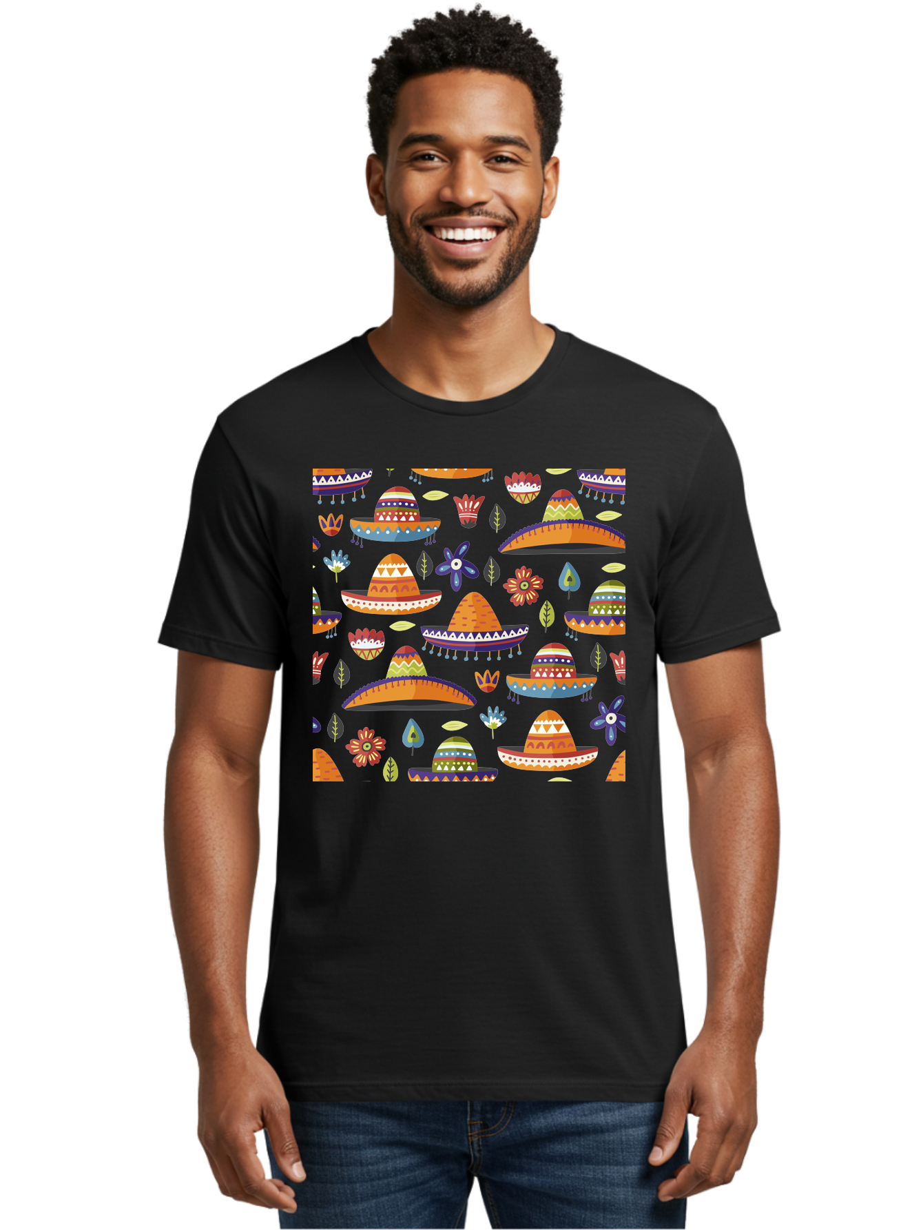 Sombrero-Pattern Men'S Graphic Tee, 100% Cotton, Comfortable Casual Summer Wear, Machine Washable, Colorful Sombreros, Mexican Hats, Floral Patterns, Vibrant Designs, Cultural Heritage, Traditional Attire, Festive Atmosphere, - Aaa297