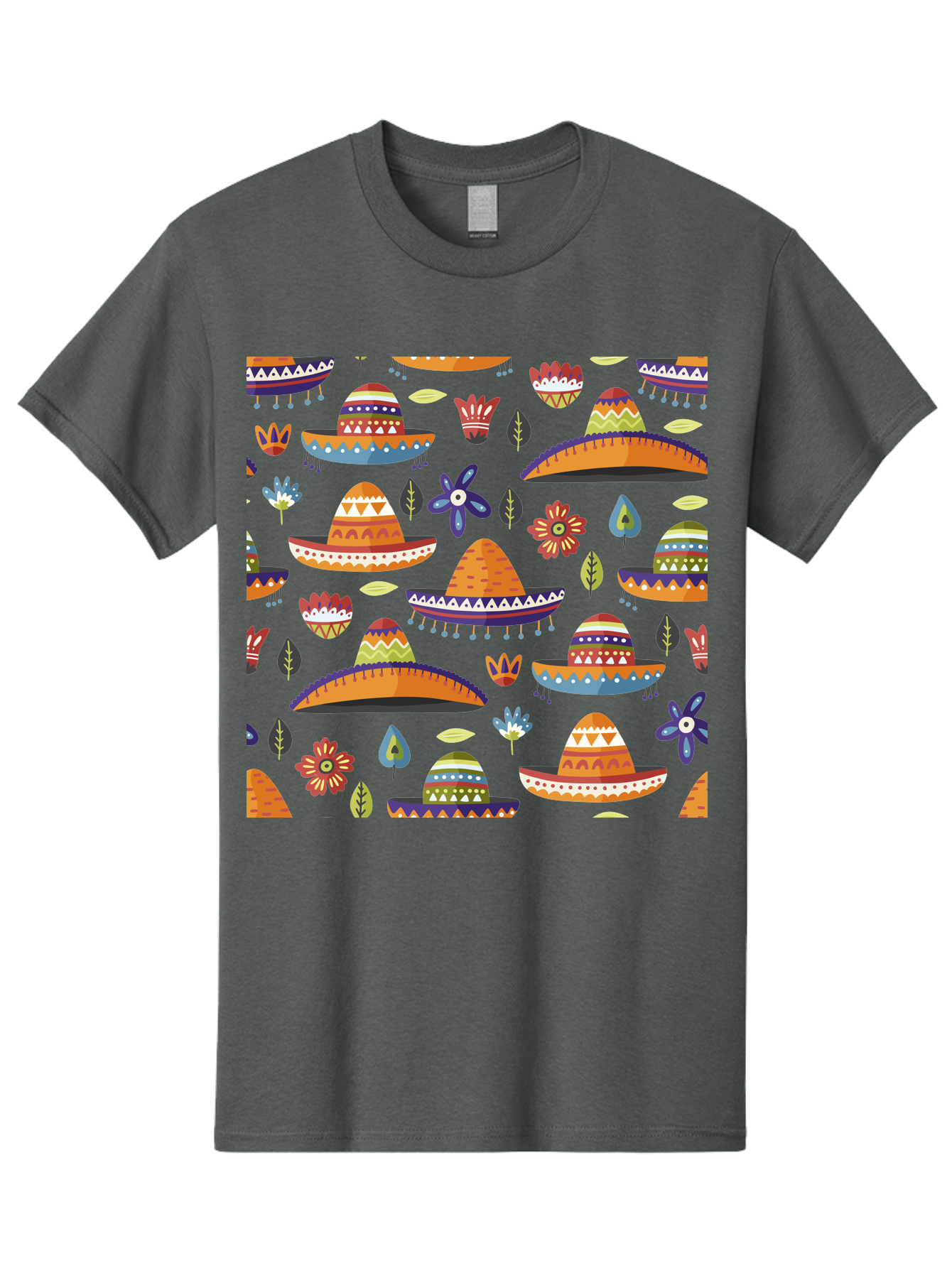 Sombrero-Pattern Men'S Graphic Tee, 100% Cotton, Comfortable Casual Summer Wear, Machine Washable, Colorful Sombreros, Mexican Hats, Floral Patterns, Vibrant Designs, Cultural Heritage, Traditional Attire, Festive Atmosphere, - Aaa297