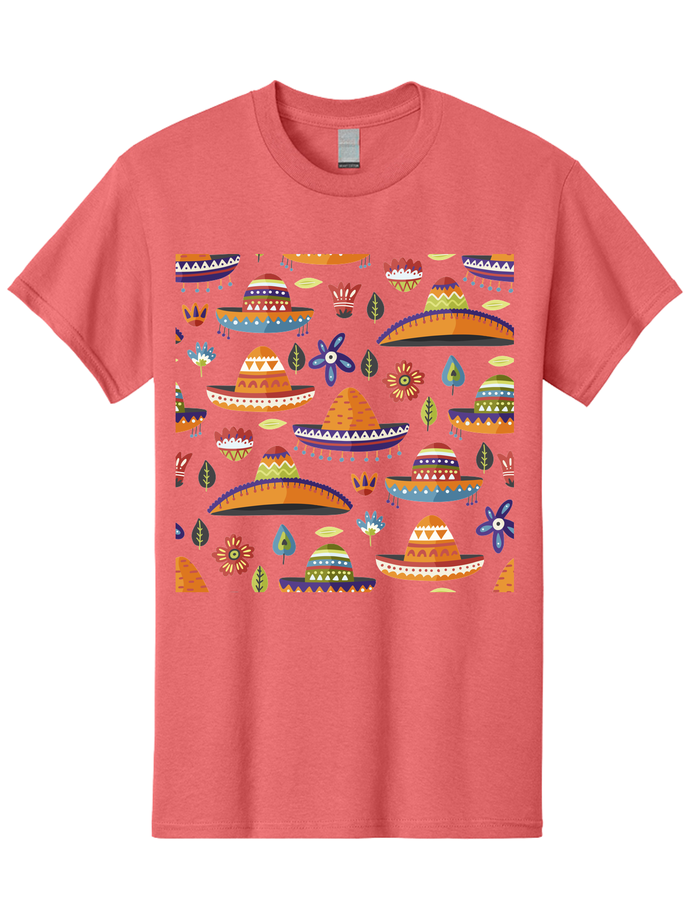 Sombrero-Pattern Men'S Graphic Tee, 100% Cotton, Comfortable Casual Summer Wear, Machine Washable, Colorful Sombreros, Mexican Hats, Floral Patterns, Vibrant Designs, Cultural Heritage, Traditional Attire, Festive Atmosphere, - Aaa297