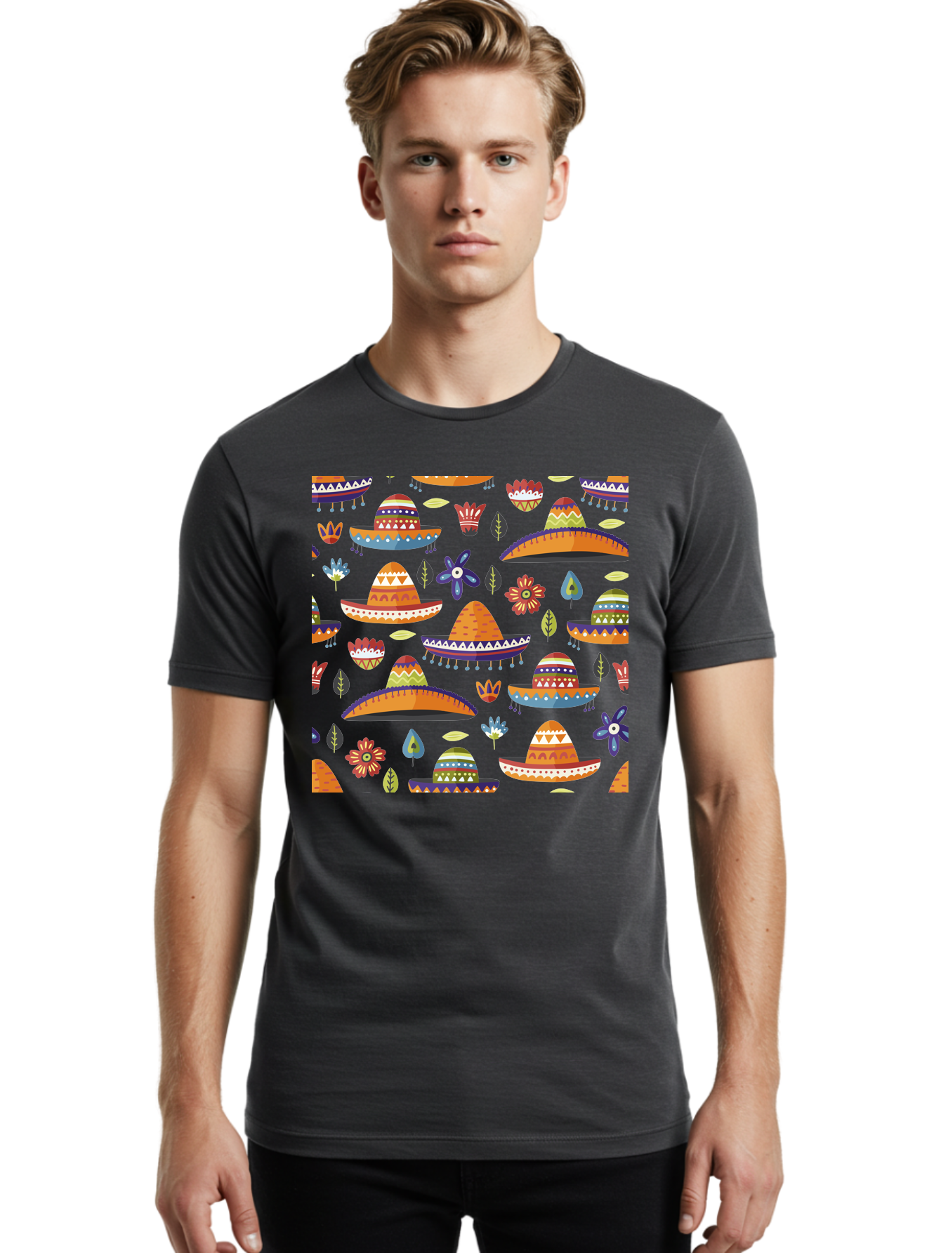 Sombrero-Pattern Men'S Graphic Tee, 100% Cotton, Comfortable Casual Summer Wear, Machine Washable, Colorful Sombreros, Mexican Hats, Floral Patterns, Vibrant Designs, Cultural Heritage, Traditional Attire, Festive Atmosphere, - Aaa297