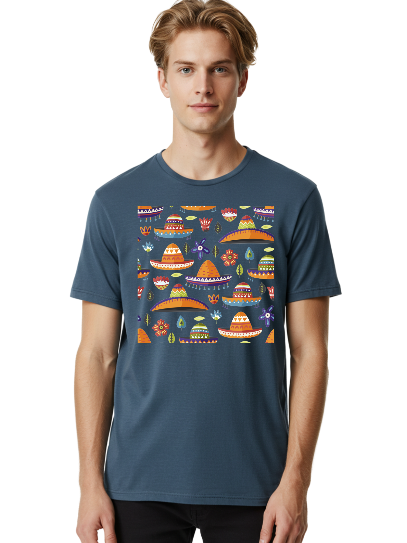 Sombrero-Pattern Men'S Graphic Tee, 100% Cotton, Comfortable Casual Summer Wear, Machine Washable, Colorful Sombreros, Mexican Hats, Floral Patterns, Vibrant Designs, Cultural Heritage, Traditional Attire, Festive Atmosphere, - Aaa297