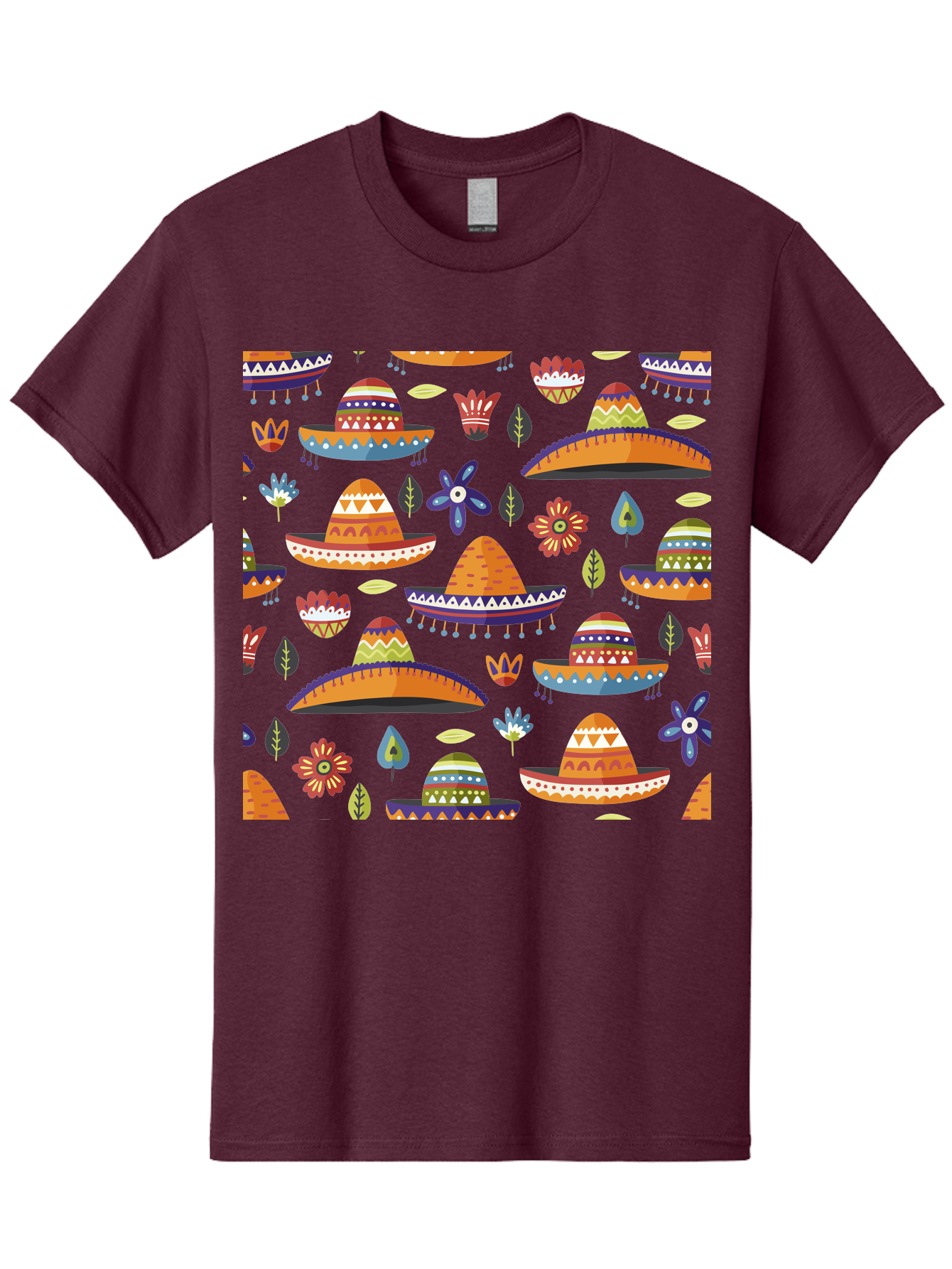 Sombrero-Pattern Men'S Graphic Tee, 100% Cotton, Comfortable Casual Summer Wear, Machine Washable, Colorful Sombreros, Mexican Hats, Floral Patterns, Vibrant Designs, Cultural Heritage, Traditional Attire, Festive Atmosphere, - Aaa297
