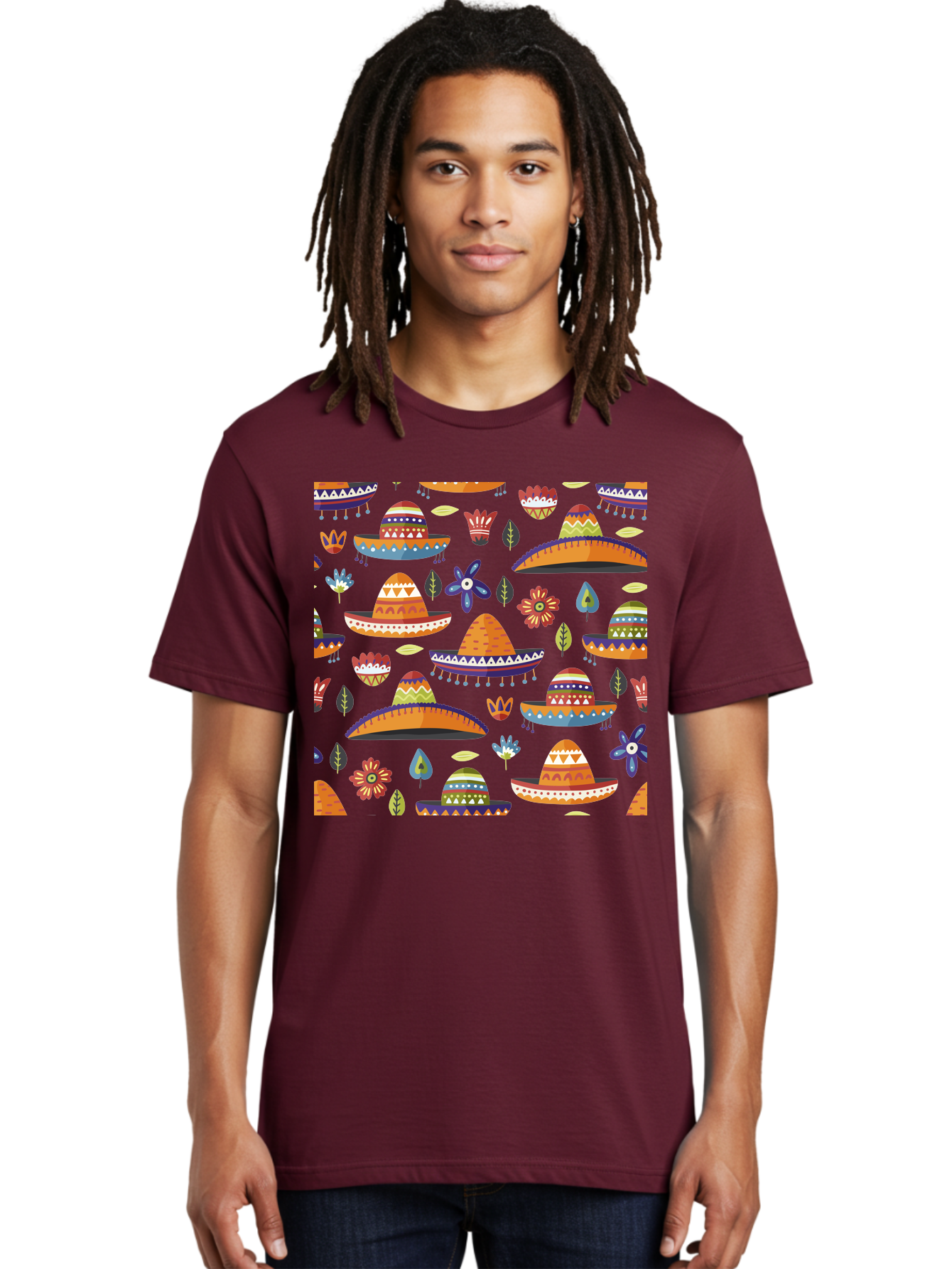 Sombrero-Pattern Men'S Graphic Tee, 100% Cotton, Comfortable Casual Summer Wear, Machine Washable, Colorful Sombreros, Mexican Hats, Floral Patterns, Vibrant Designs, Cultural Heritage, Traditional Attire, Festive Atmosphere, - Aaa297