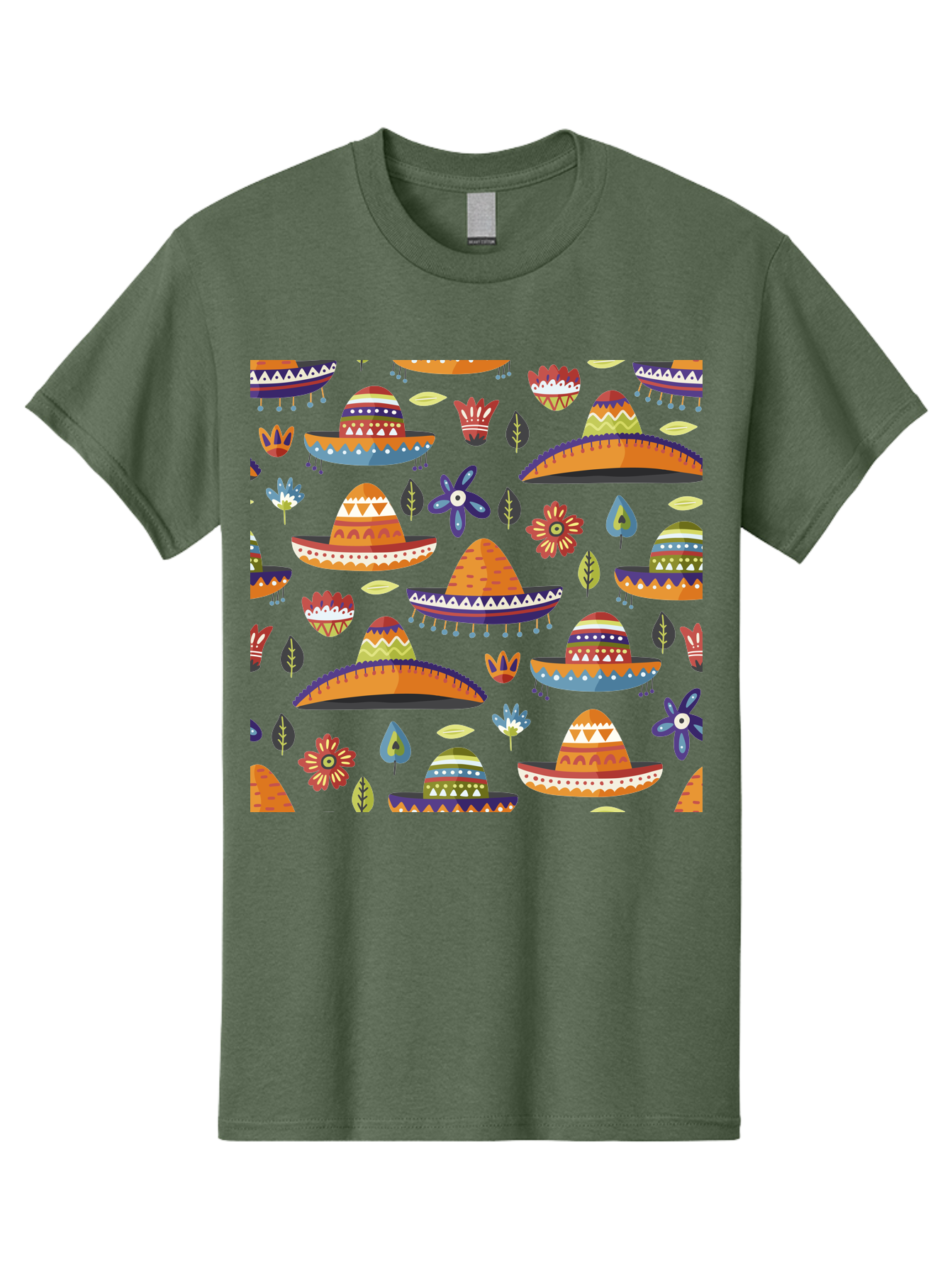 Sombrero-Pattern Men'S Graphic Tee, 100% Cotton, Comfortable Casual Summer Wear, Machine Washable, Colorful Sombreros, Mexican Hats, Floral Patterns, Vibrant Designs, Cultural Heritage, Traditional Attire, Festive Atmosphere, - Aaa297