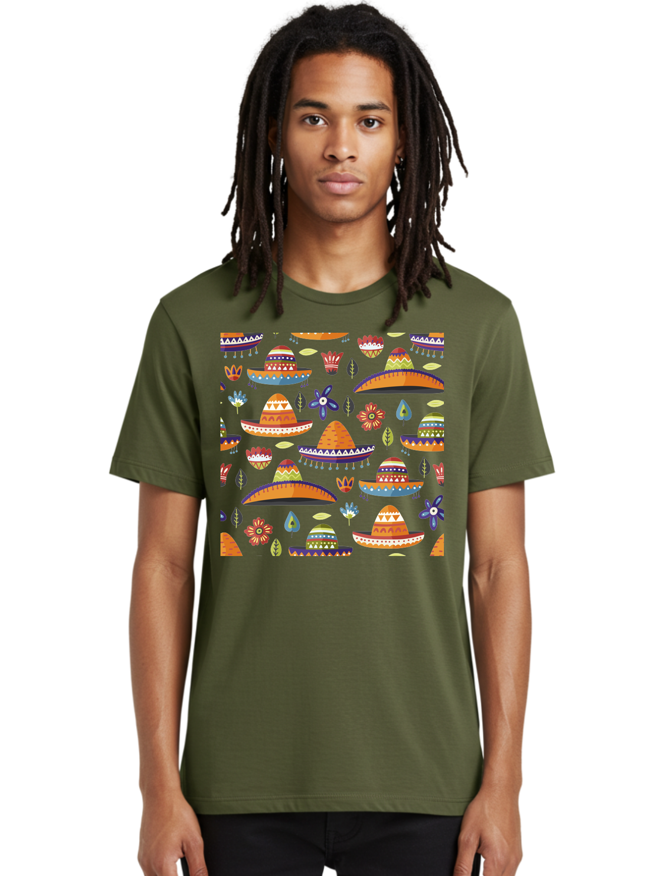 Sombrero-Pattern Men'S Graphic Tee, 100% Cotton, Comfortable Casual Summer Wear, Machine Washable, Colorful Sombreros, Mexican Hats, Floral Patterns, Vibrant Designs, Cultural Heritage, Traditional Attire, Festive Atmosphere, - Aaa297