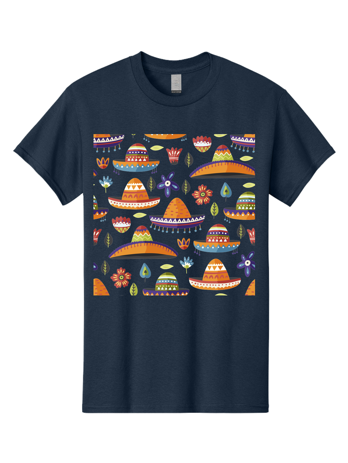 Sombrero-Pattern Men'S Graphic Tee, 100% Cotton, Comfortable Casual Summer Wear, Machine Washable, Colorful Sombreros, Mexican Hats, Floral Patterns, Vibrant Designs, Cultural Heritage, Traditional Attire, Festive Atmosphere, - Aaa297