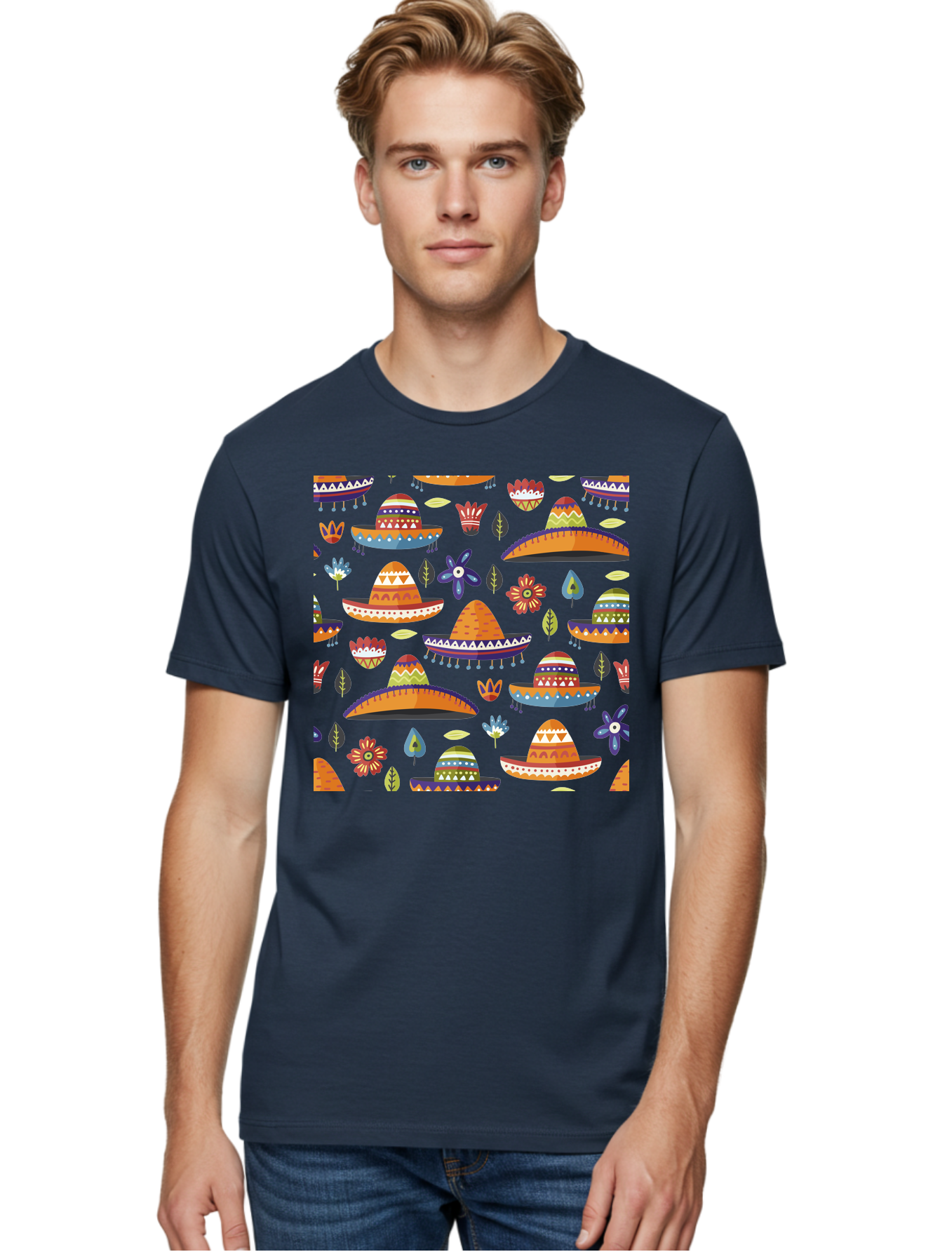 Sombrero-Pattern Men'S Graphic Tee, 100% Cotton, Comfortable Casual Summer Wear, Machine Washable, Colorful Sombreros, Mexican Hats, Floral Patterns, Vibrant Designs, Cultural Heritage, Traditional Attire, Festive Atmosphere, - Aaa297