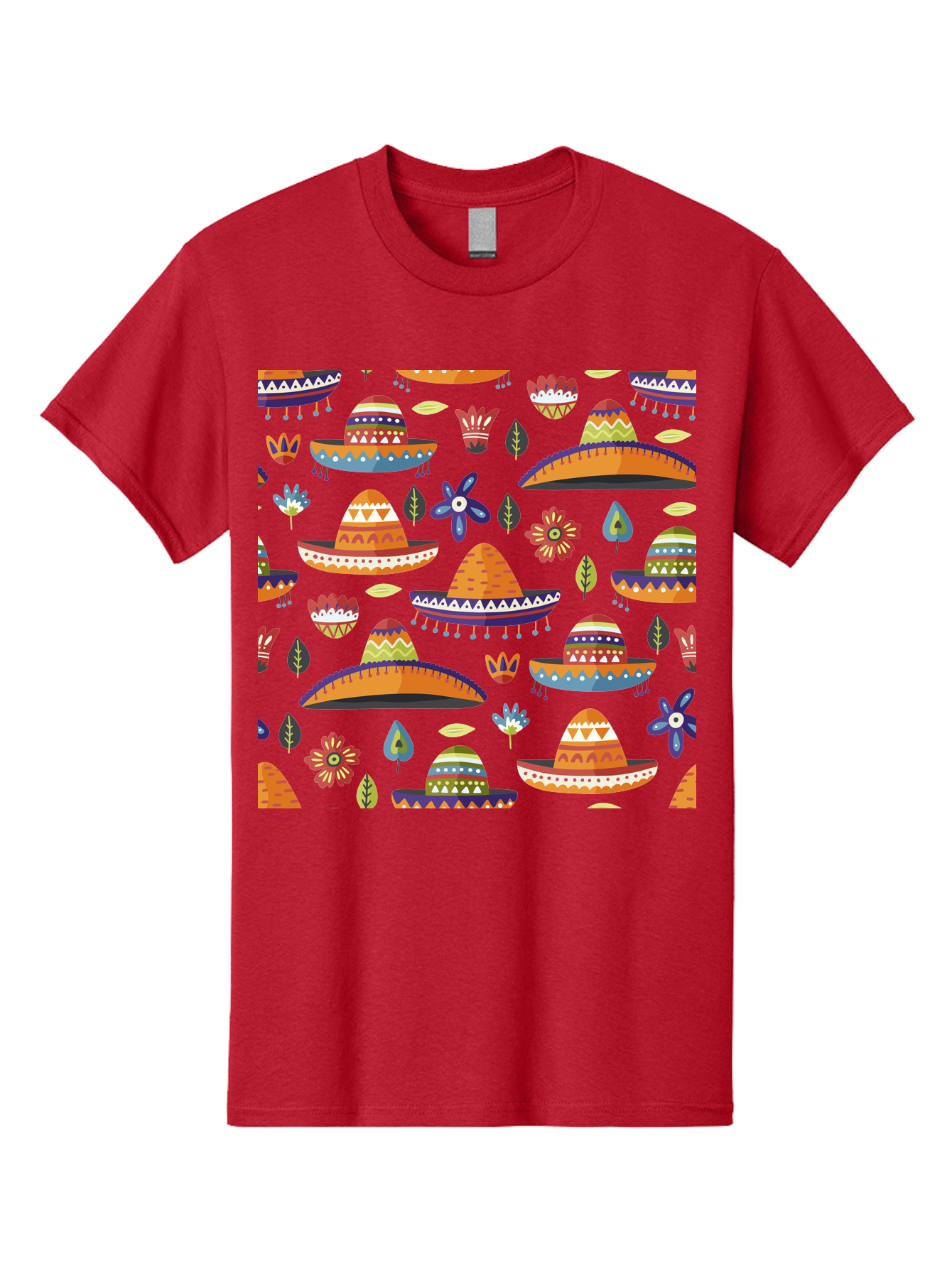 Sombrero-Pattern Men'S Graphic Tee, 100% Cotton, Comfortable Casual Summer Wear, Machine Washable, Colorful Sombreros, Mexican Hats, Floral Patterns, Vibrant Designs, Cultural Heritage, Traditional Attire, Festive Atmosphere, - Aaa297